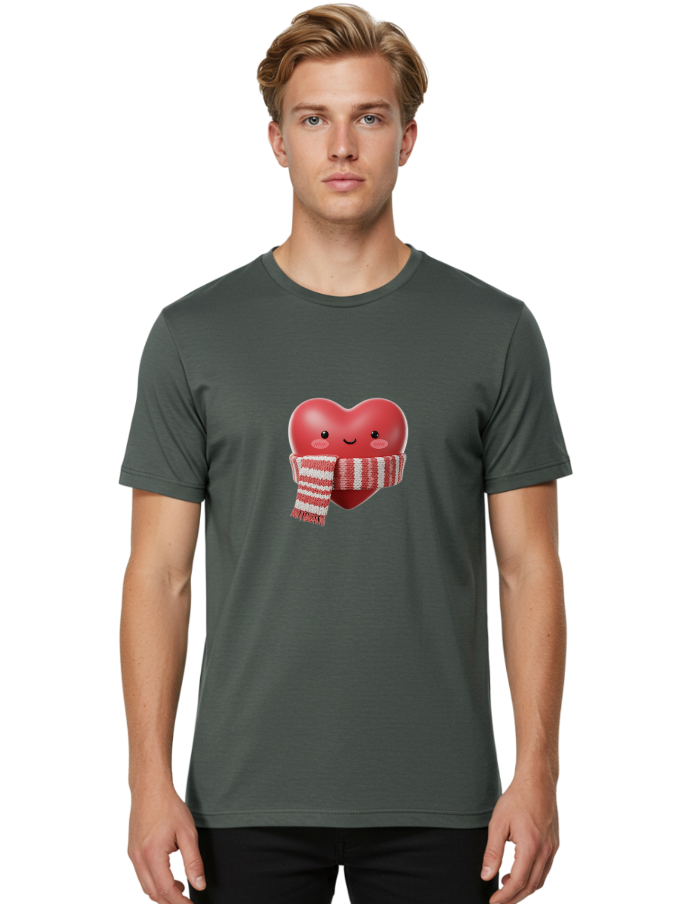 Heart-With-Scarf Men'S Graphic Tee, 100% Cotton, Comfortable Casual Summer Wear, Machine Washable, Heart Character, Red Heart, Scarf Wrapped, Cute Expression, Smiling Face, Rosy Cheeks, Winter Theme, Cartoon Style, Kawaii Design, Love Symbol, Bae046