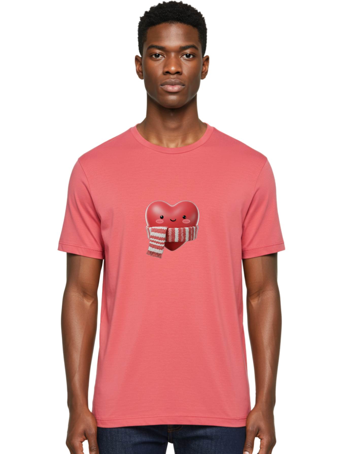 Heart-With-Scarf Men'S Graphic Tee, 100% Cotton, Comfortable Casual Summer Wear, Machine Washable, Heart Character, Red Heart, Scarf Wrapped, Cute Expression, Smiling Face, Rosy Cheeks, Winter Theme, Cartoon Style, Kawaii Design, Love Symbol, Bae046