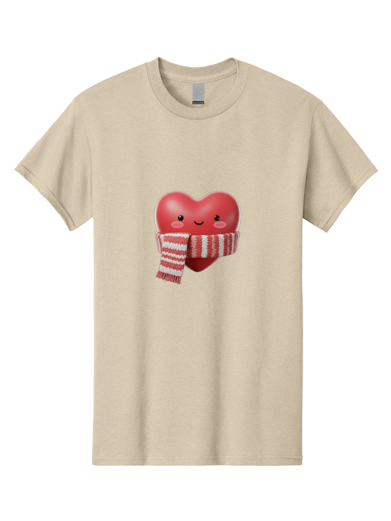 Heart-With-Scarf Men'S Graphic Tee, 100% Cotton, Comfortable Casual Summer Wear, Machine Washable, Heart Character, Red Heart, Scarf Wrapped, Cute Expression, Smiling Face, Rosy Cheeks, Winter Theme, Cartoon Style, Kawaii Design, Love Symbol, Bae046