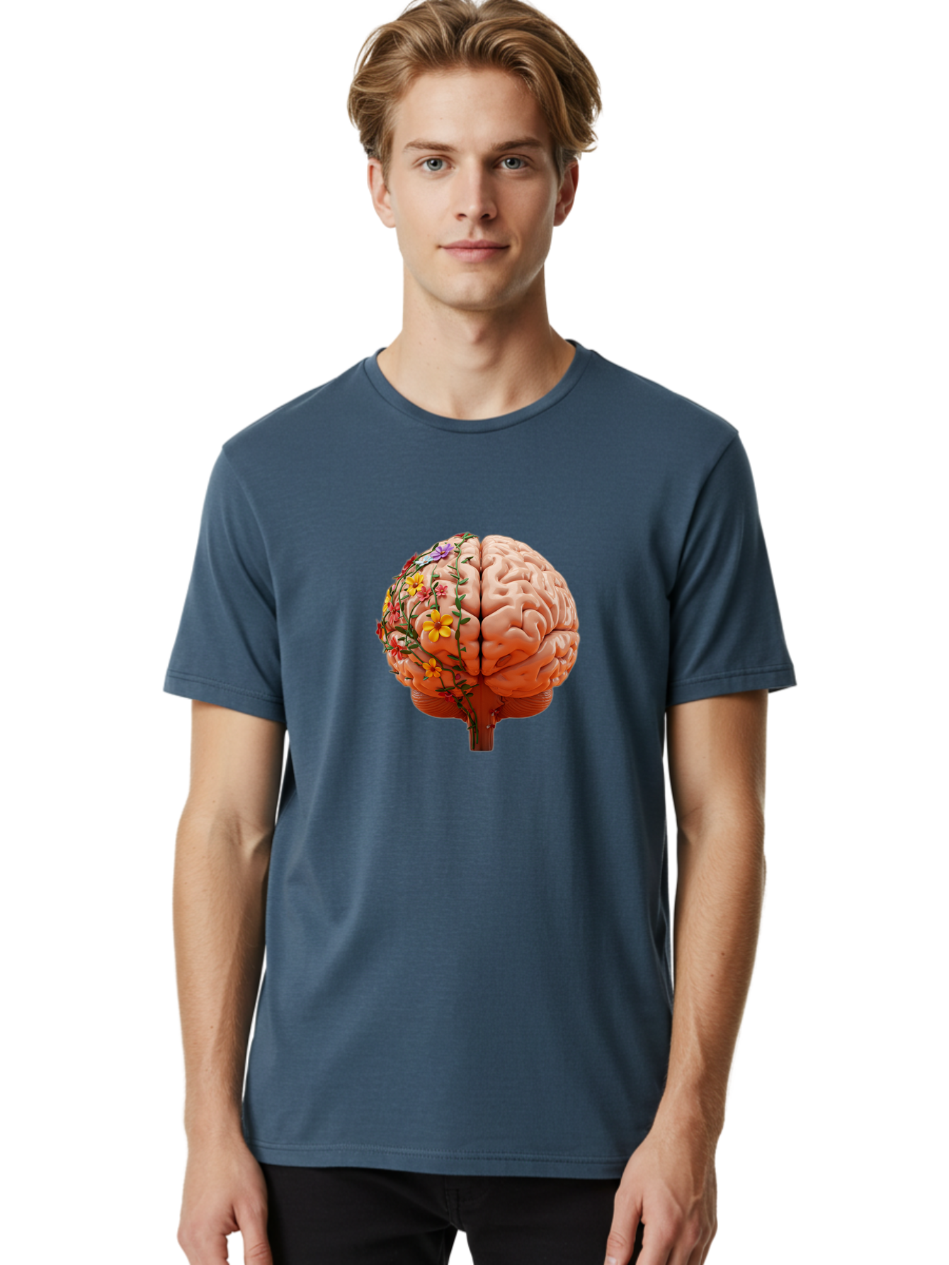 Human-Brain-With-Flowers Men'S Graphic Tee, 100% Cotton, Comfortable Casual Summer Wear, Machine Washable, Human Brain, Floral Growth, Creative Thinking, Brain Development, Mental Wellness, Colorful Blooms, Cognitive Function, Bae047