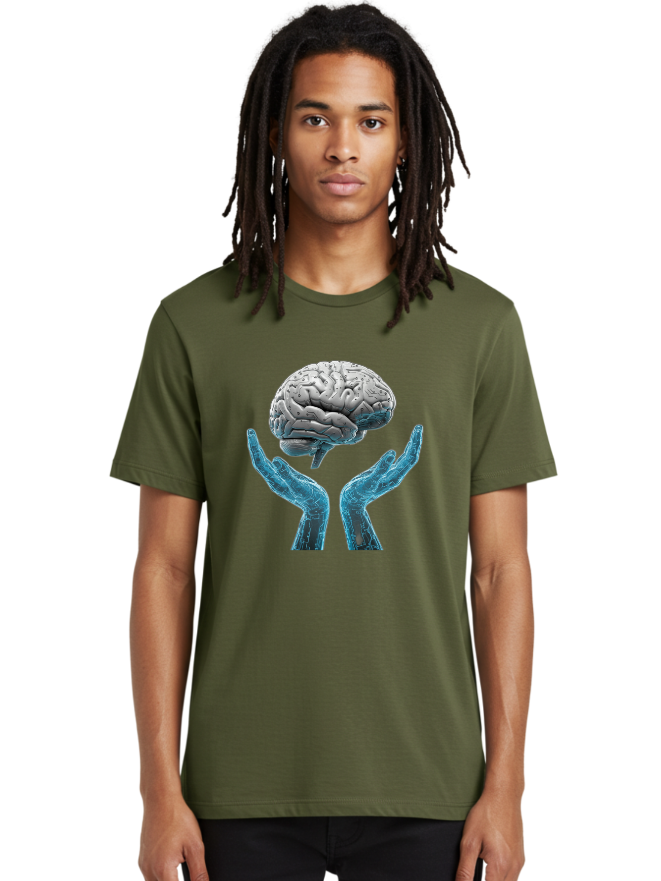 Human-Brain Men'S Graphic Tee, 100% Cotton, Comfortable Casual Summer Wear, Machine Washable, Robotic Hands, Human Brain, Futuristic Technology, Artificial Intelligence, Neural Networks, Cognitive Abilities, Advanced Robotics, Bae048
