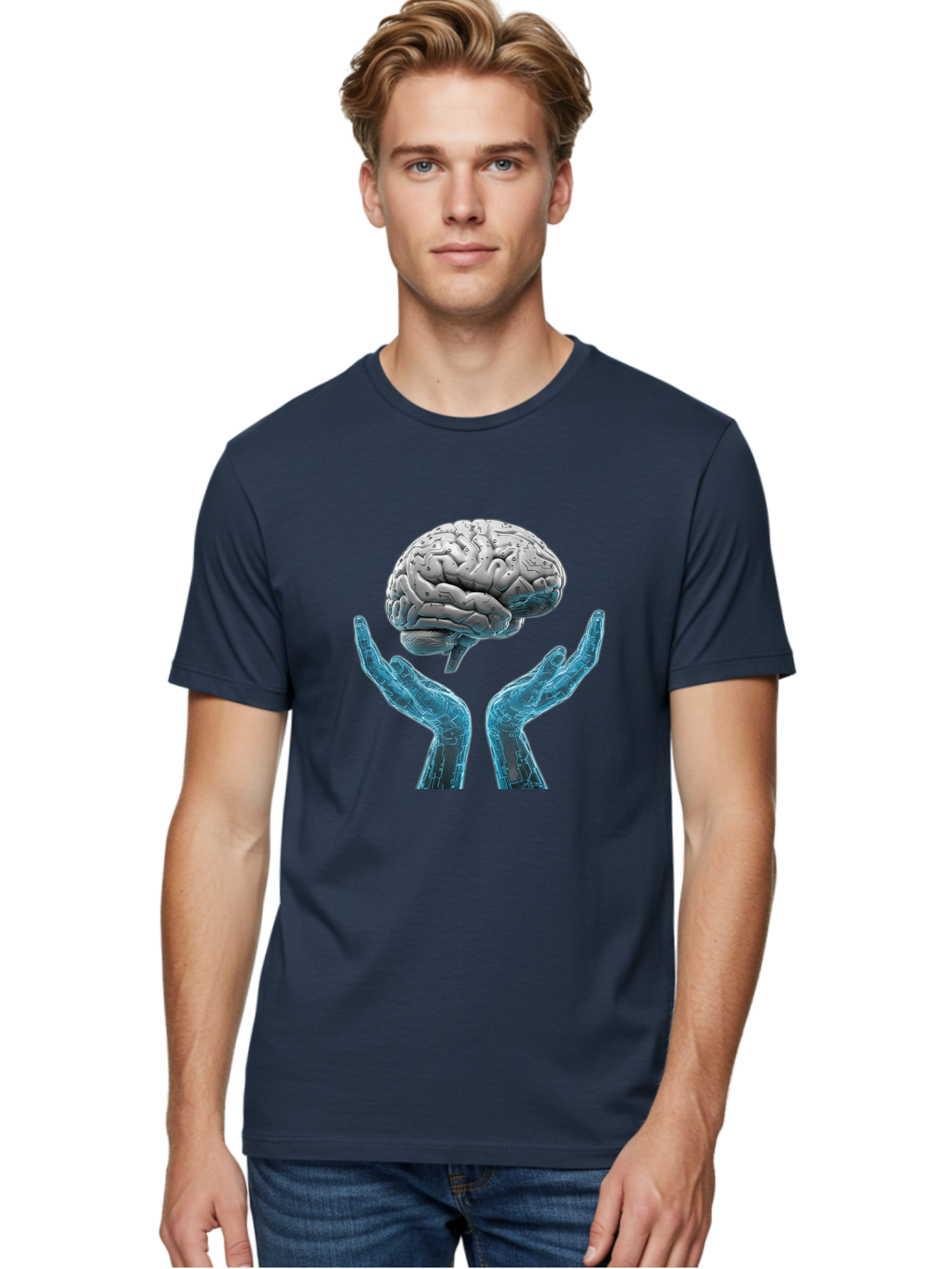 Human-Brain Men'S Graphic Tee, 100% Cotton, Comfortable Casual Summer Wear, Machine Washable, Robotic Hands, Human Brain, Futuristic Technology, Artificial Intelligence, Neural Networks, Cognitive Abilities, Advanced Robotics, Bae048