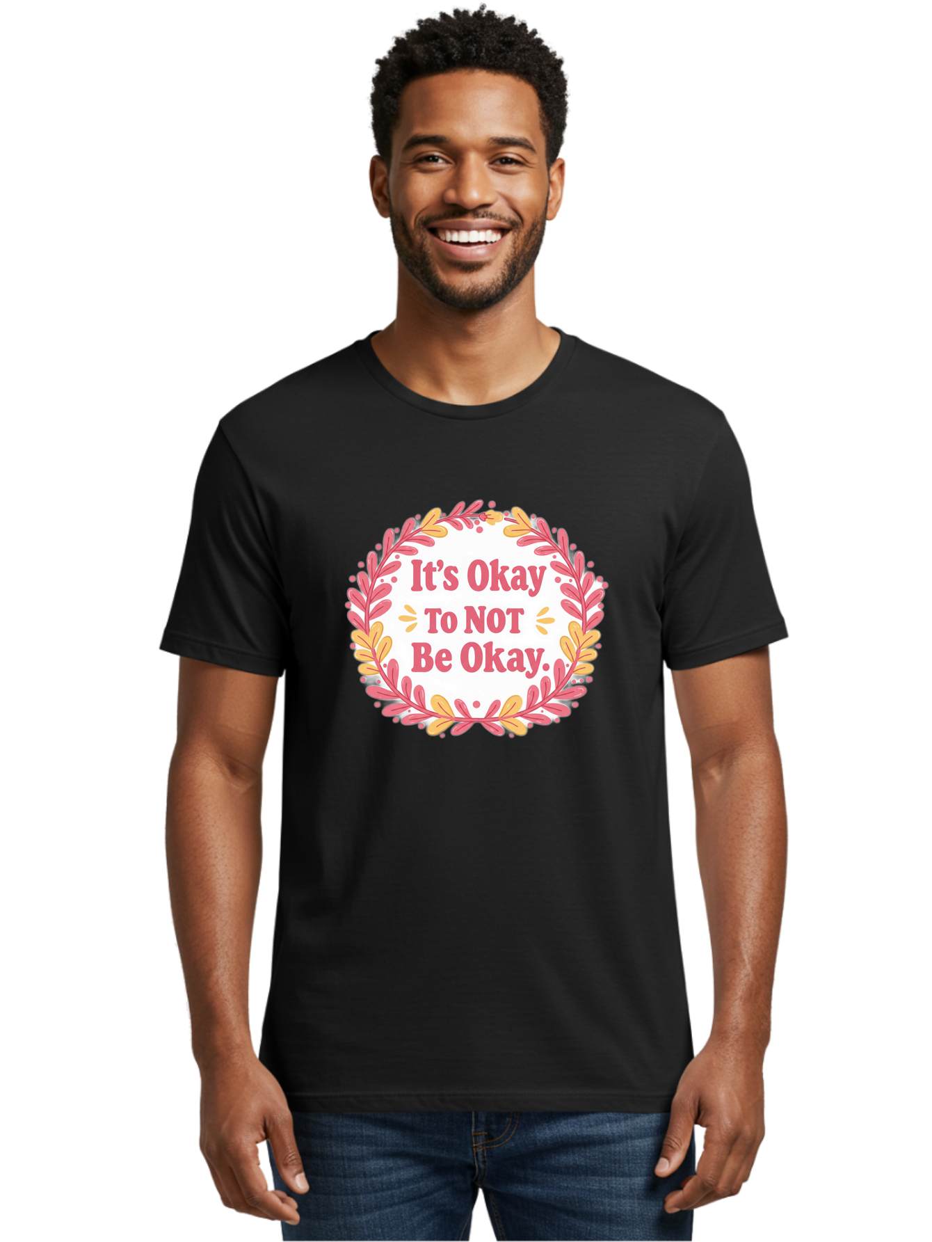 It-S-Okay-To-Not-Be-Okay-1 Men'S Graphic Tee, 100% Cotton, Comfortable Casual Summer Wear, Machine Washable, Motivational Quote, Mental Health Awareness, Inspirational Message, Positive Vibes, Self Care, Wellness, Pink Font, Yellow Leaves, Bae050