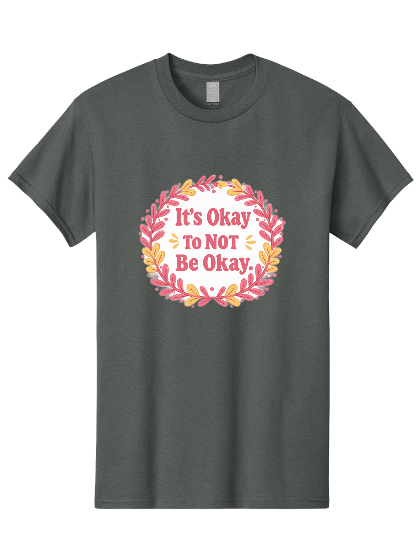 It-S-Okay-To-Not-Be-Okay-1 Men'S Graphic Tee, 100% Cotton, Comfortable Casual Summer Wear, Machine Washable, Motivational Quote, Mental Health Awareness, Inspirational Message, Positive Vibes, Self Care, Wellness, Pink Font, Yellow Leaves, Bae050