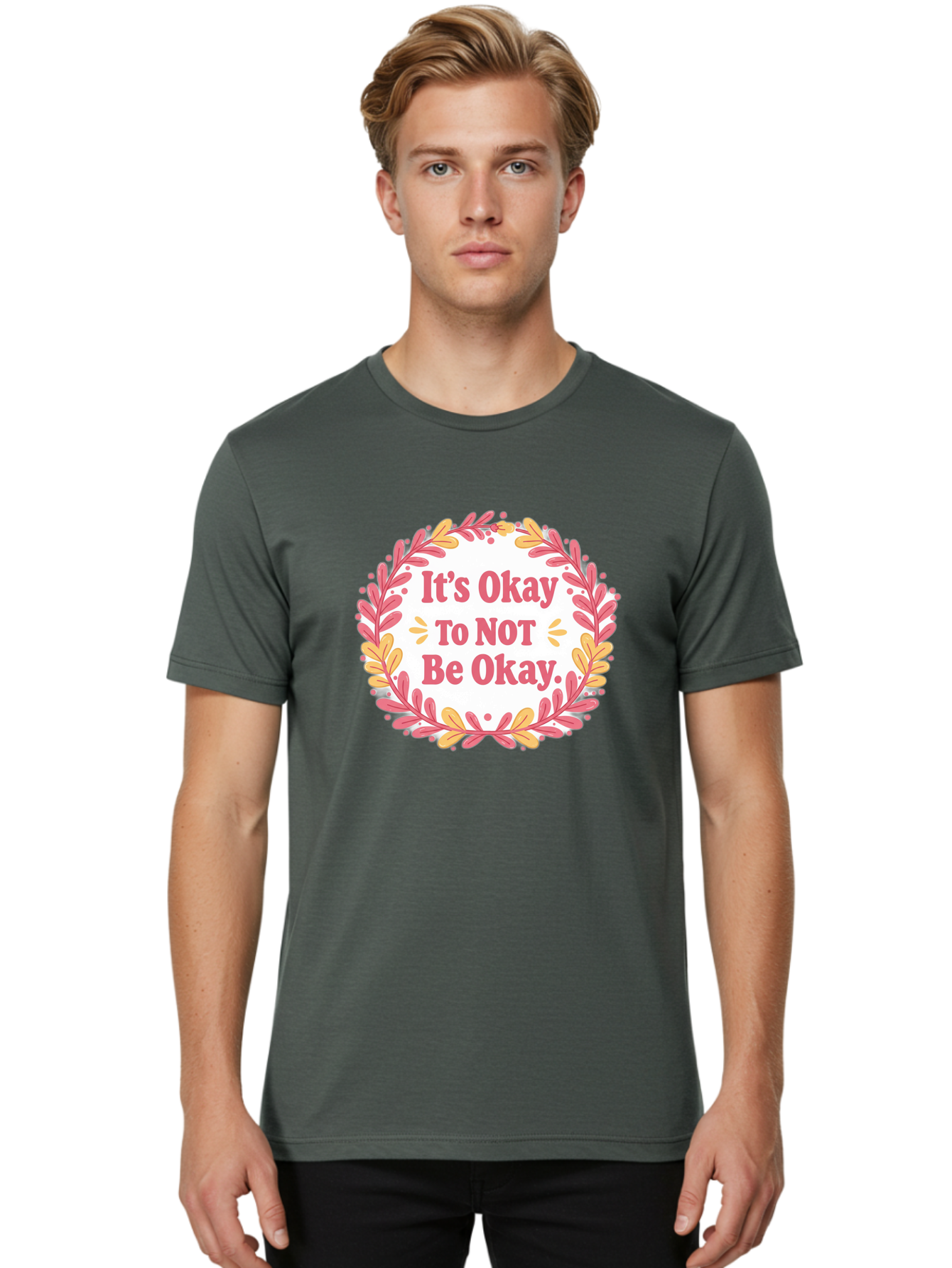 It-S-Okay-To-Not-Be-Okay-1 Men'S Graphic Tee, 100% Cotton, Comfortable Casual Summer Wear, Machine Washable, Motivational Quote, Mental Health Awareness, Inspirational Message, Positive Vibes, Self Care, Wellness, Pink Font, Yellow Leaves, Bae050