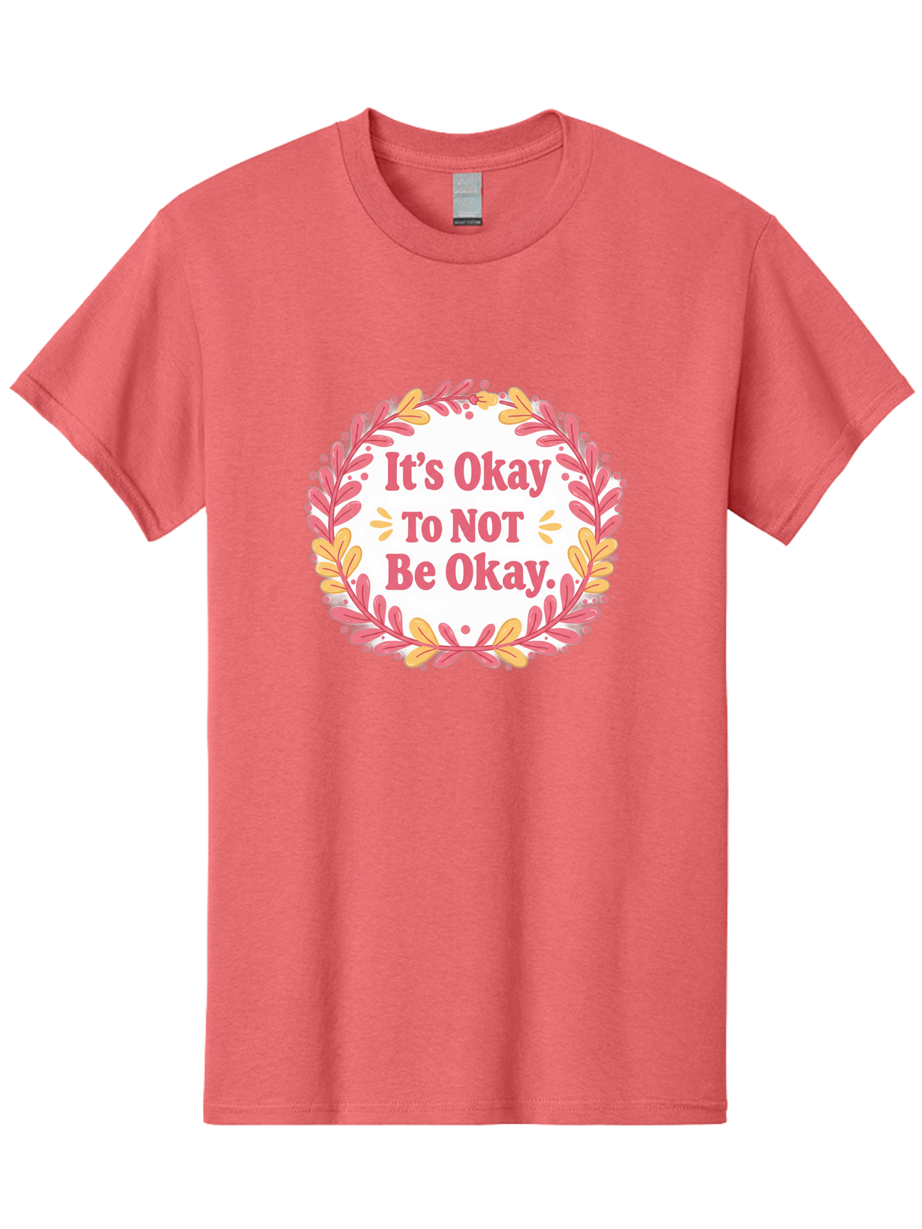 It-S-Okay-To-Not-Be-Okay-1 Men'S Graphic Tee, 100% Cotton, Comfortable Casual Summer Wear, Machine Washable, Motivational Quote, Mental Health Awareness, Inspirational Message, Positive Vibes, Self Care, Wellness, Pink Font, Yellow Leaves, Bae050
