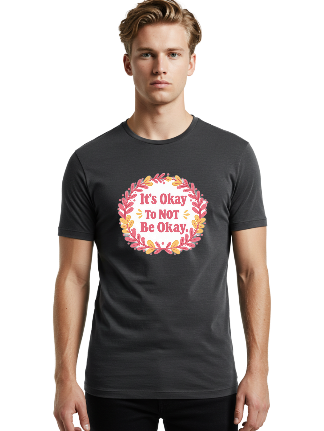 It-S-Okay-To-Not-Be-Okay-1 Men'S Graphic Tee, 100% Cotton, Comfortable Casual Summer Wear, Machine Washable, Motivational Quote, Mental Health Awareness, Inspirational Message, Positive Vibes, Self Care, Wellness, Pink Font, Yellow Leaves, Bae050