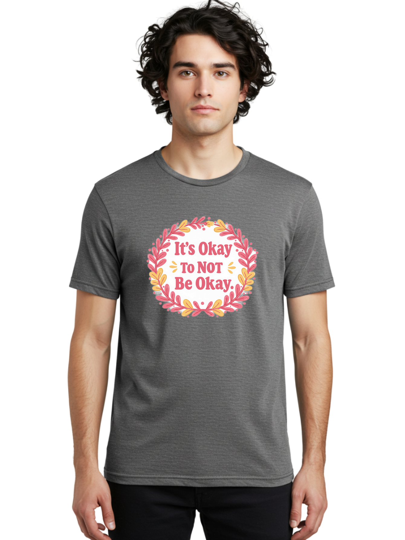 It-S-Okay-To-Not-Be-Okay-1 Men'S Graphic Tee, 100% Cotton, Comfortable Casual Summer Wear, Machine Washable, Motivational Quote, Mental Health Awareness, Inspirational Message, Positive Vibes, Self Care, Wellness, Pink Font, Yellow Leaves, Bae050