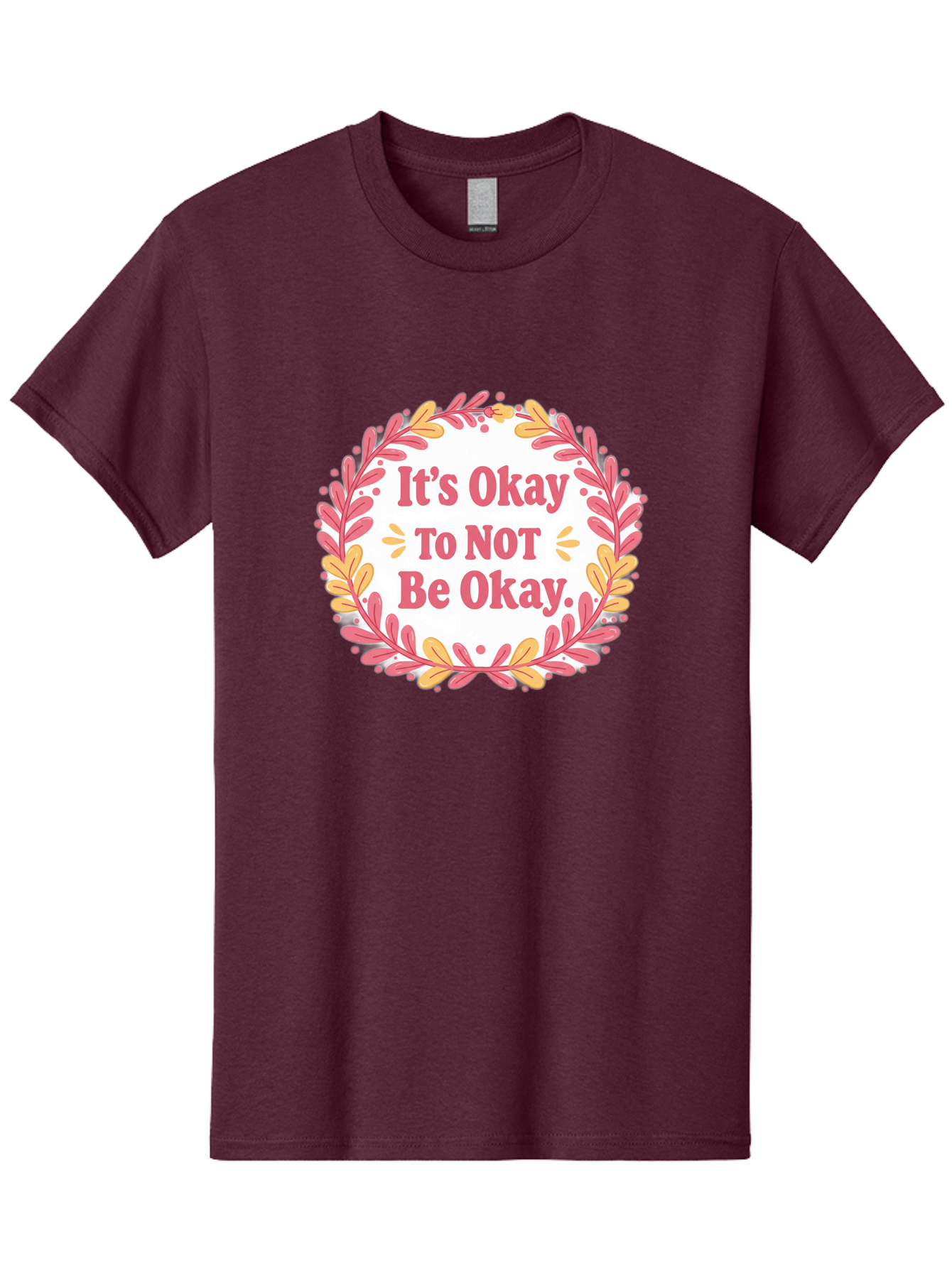 It-S-Okay-To-Not-Be-Okay-1 Men'S Graphic Tee, 100% Cotton, Comfortable Casual Summer Wear, Machine Washable, Motivational Quote, Mental Health Awareness, Inspirational Message, Positive Vibes, Self Care, Wellness, Pink Font, Yellow Leaves, Bae050