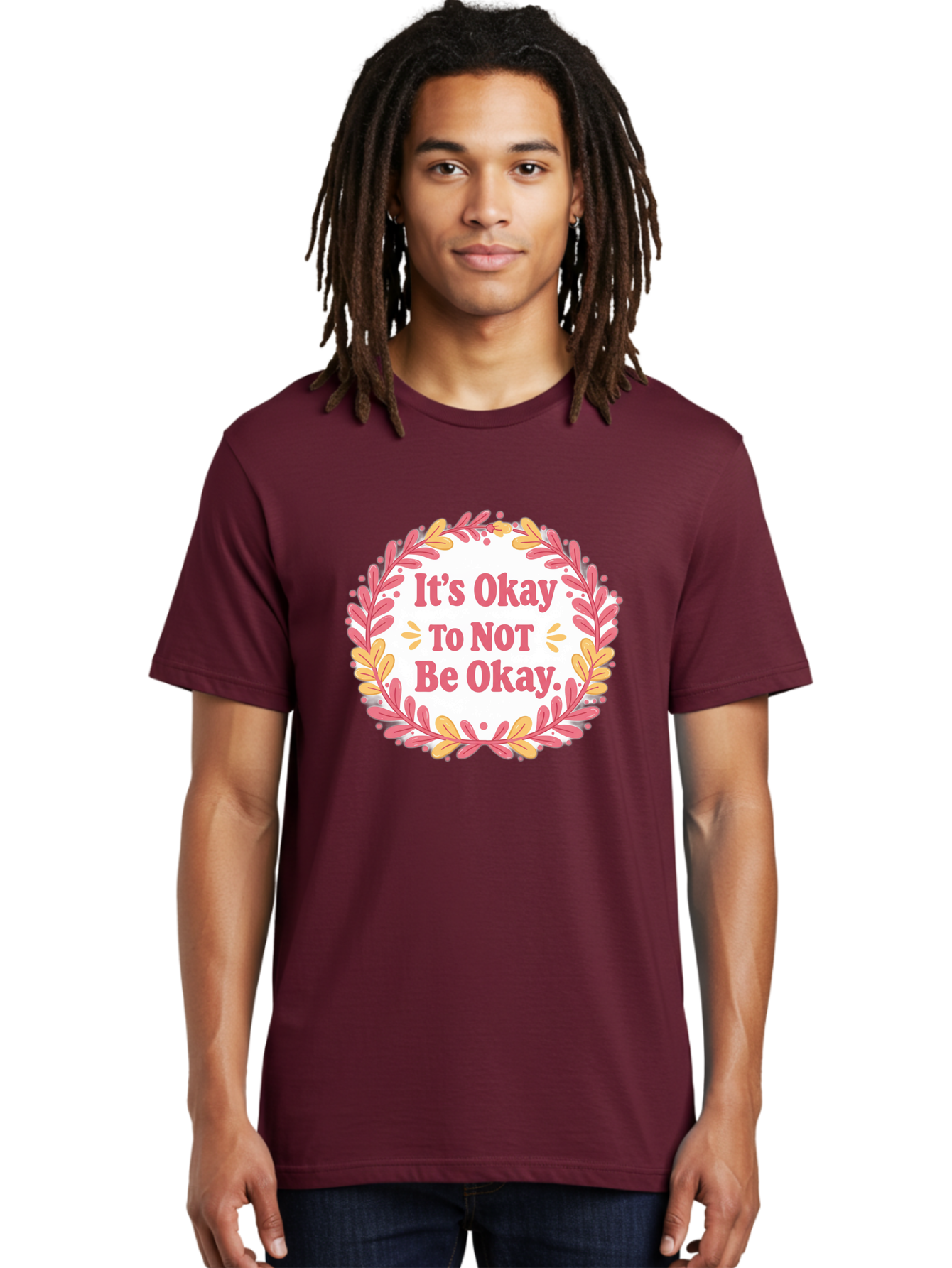 It-S-Okay-To-Not-Be-Okay-1 Men'S Graphic Tee, 100% Cotton, Comfortable Casual Summer Wear, Machine Washable, Motivational Quote, Mental Health Awareness, Inspirational Message, Positive Vibes, Self Care, Wellness, Pink Font, Yellow Leaves, Bae050