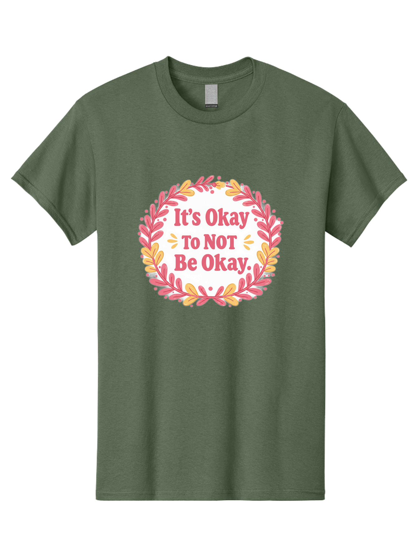 It-S-Okay-To-Not-Be-Okay-1 Men'S Graphic Tee, 100% Cotton, Comfortable Casual Summer Wear, Machine Washable, Motivational Quote, Mental Health Awareness, Inspirational Message, Positive Vibes, Self Care, Wellness, Pink Font, Yellow Leaves, Bae050