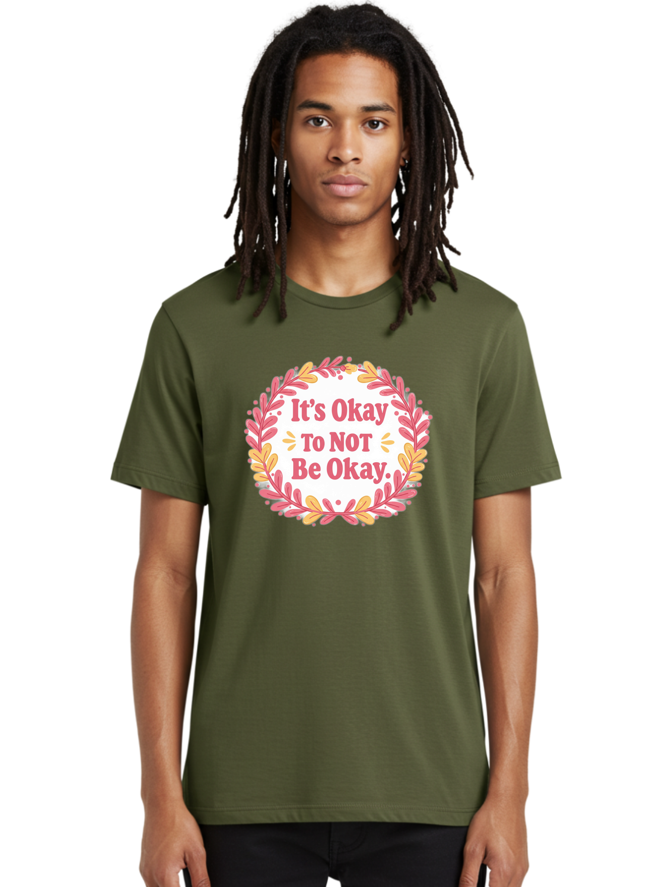 It-S-Okay-To-Not-Be-Okay-1 Men'S Graphic Tee, 100% Cotton, Comfortable Casual Summer Wear, Machine Washable, Motivational Quote, Mental Health Awareness, Inspirational Message, Positive Vibes, Self Care, Wellness, Pink Font, Yellow Leaves, Bae050