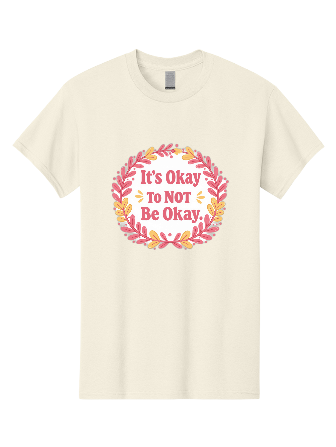 It-S-Okay-To-Not-Be-Okay-1 Men'S Graphic Tee, 100% Cotton, Comfortable Casual Summer Wear, Machine Washable, Motivational Quote, Mental Health Awareness, Inspirational Message, Positive Vibes, Self Care, Wellness, Pink Font, Yellow Leaves, Bae050