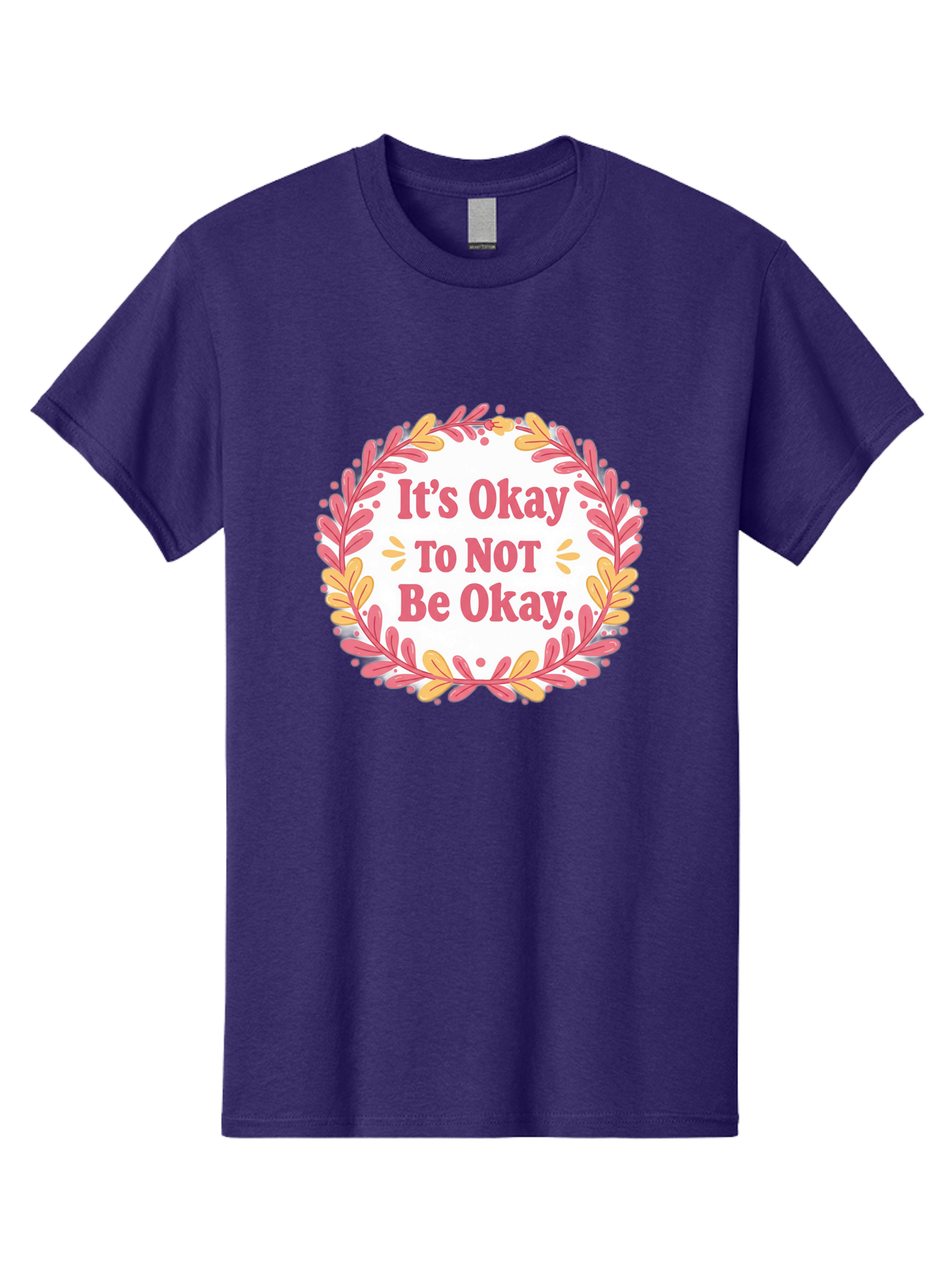 It-S-Okay-To-Not-Be-Okay-1 Men'S Graphic Tee, 100% Cotton, Comfortable Casual Summer Wear, Machine Washable, Motivational Quote, Mental Health Awareness, Inspirational Message, Positive Vibes, Self Care, Wellness, Pink Font, Yellow Leaves, Bae050