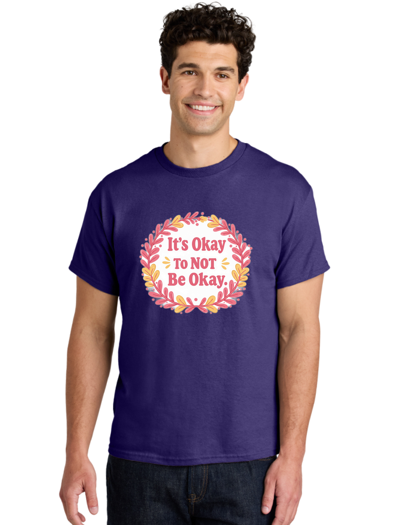 It-S-Okay-To-Not-Be-Okay-1 Men'S Graphic Tee, 100% Cotton, Comfortable Casual Summer Wear, Machine Washable, Motivational Quote, Mental Health Awareness, Inspirational Message, Positive Vibes, Self Care, Wellness, Pink Font, Yellow Leaves, Bae050