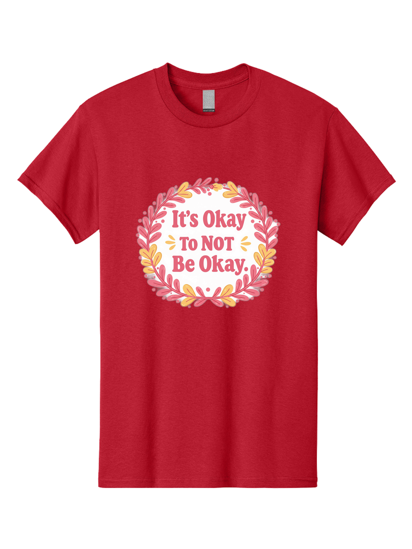 It-S-Okay-To-Not-Be-Okay-1 Men'S Graphic Tee, 100% Cotton, Comfortable Casual Summer Wear, Machine Washable, Motivational Quote, Mental Health Awareness, Inspirational Message, Positive Vibes, Self Care, Wellness, Pink Font, Yellow Leaves, Bae050