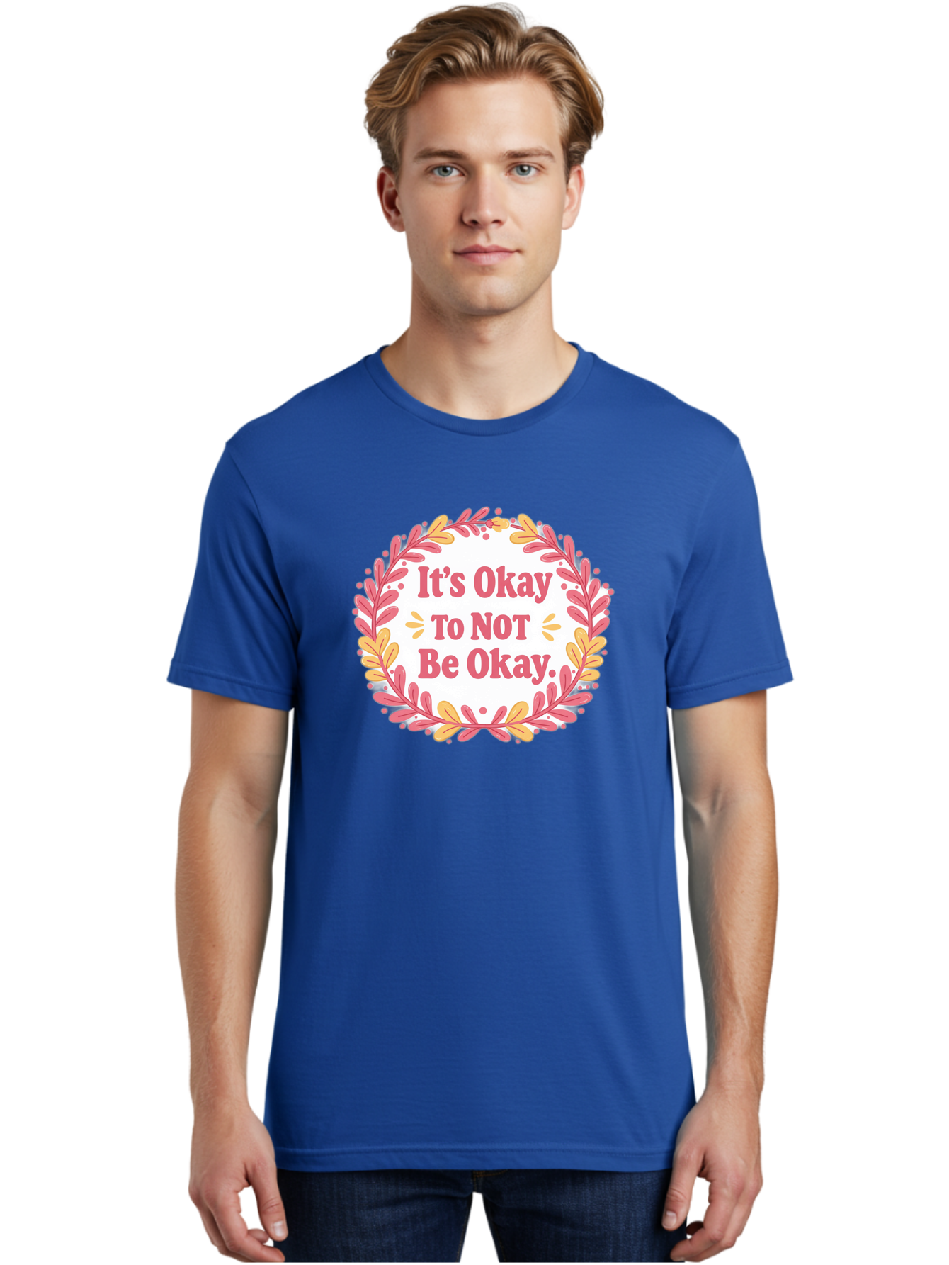 It-S-Okay-To-Not-Be-Okay-1 Men'S Graphic Tee, 100% Cotton, Comfortable Casual Summer Wear, Machine Washable, Motivational Quote, Mental Health Awareness, Inspirational Message, Positive Vibes, Self Care, Wellness, Pink Font, Yellow Leaves, Bae050