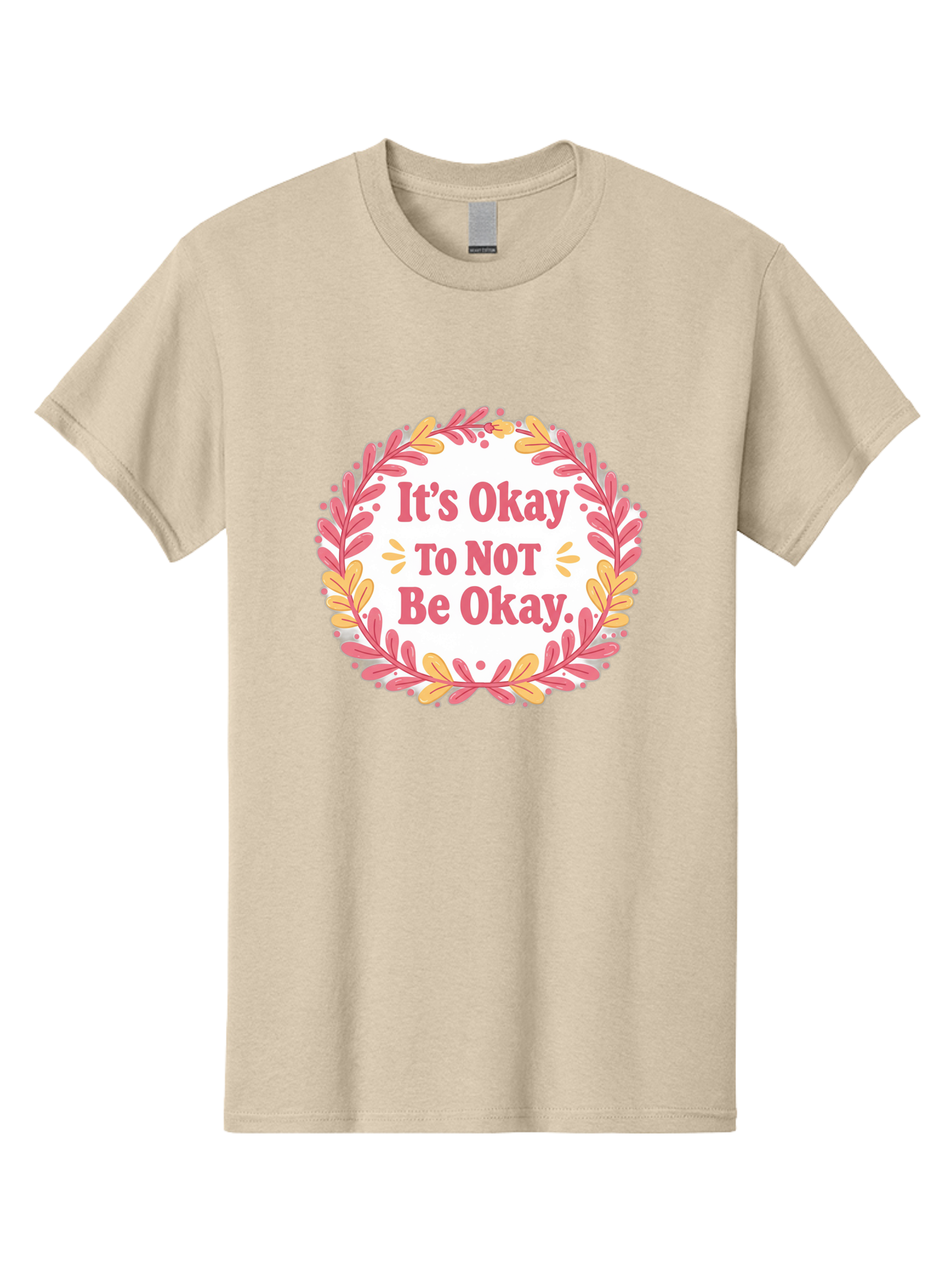 It-S-Okay-To-Not-Be-Okay-1 Men'S Graphic Tee, 100% Cotton, Comfortable Casual Summer Wear, Machine Washable, Motivational Quote, Mental Health Awareness, Inspirational Message, Positive Vibes, Self Care, Wellness, Pink Font, Yellow Leaves, Bae050