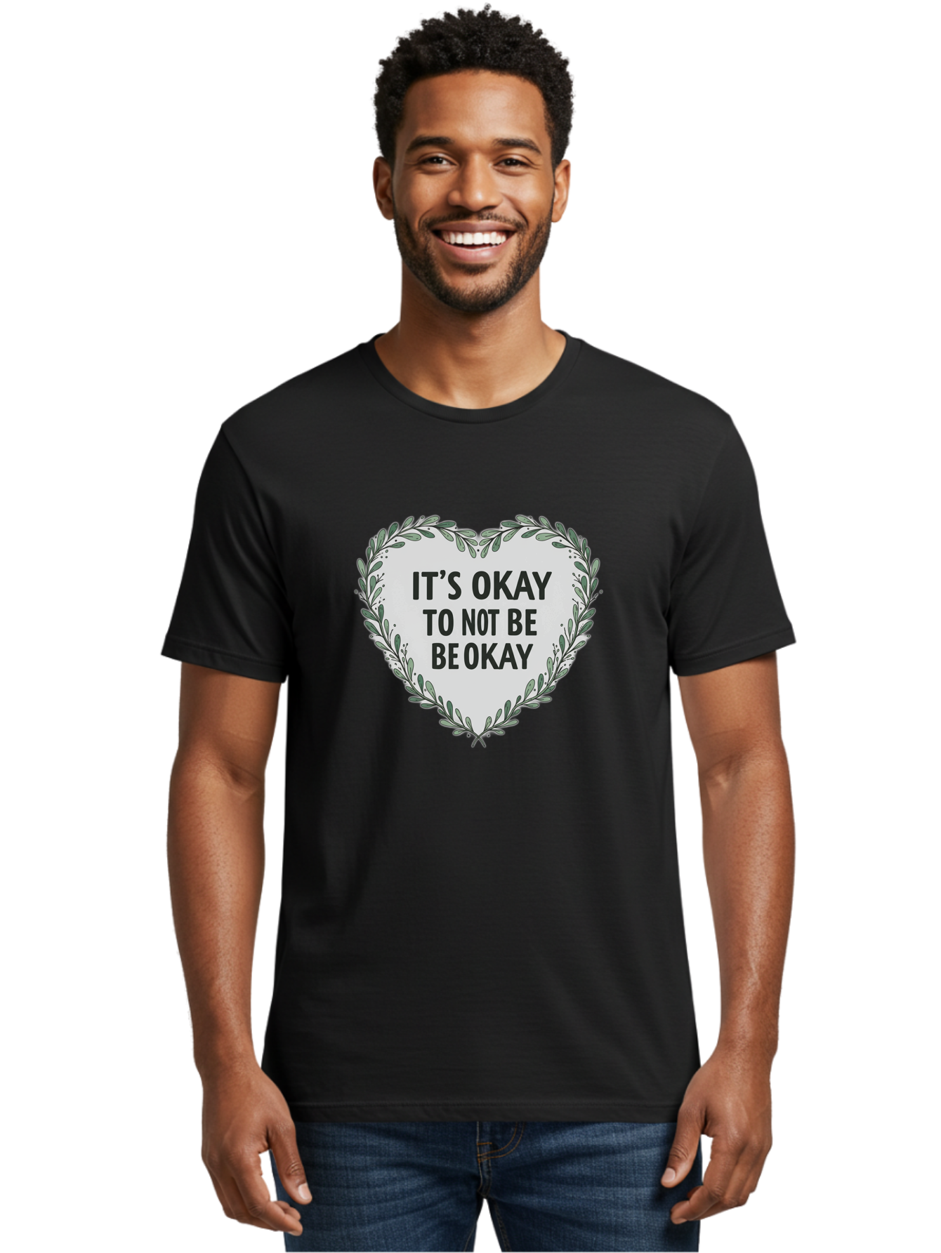 It-S-Okay-To-Not-Be-Okay-2 Men'S Graphic Tee, 100% Cotton, Comfortable Casual Summer Wear, Machine Washable, Mental Health Awareness, Inspirational Quotes, Heart Shape, Floral Wreath, Motivational Messages, Self Care, Emotional Support, Bae051