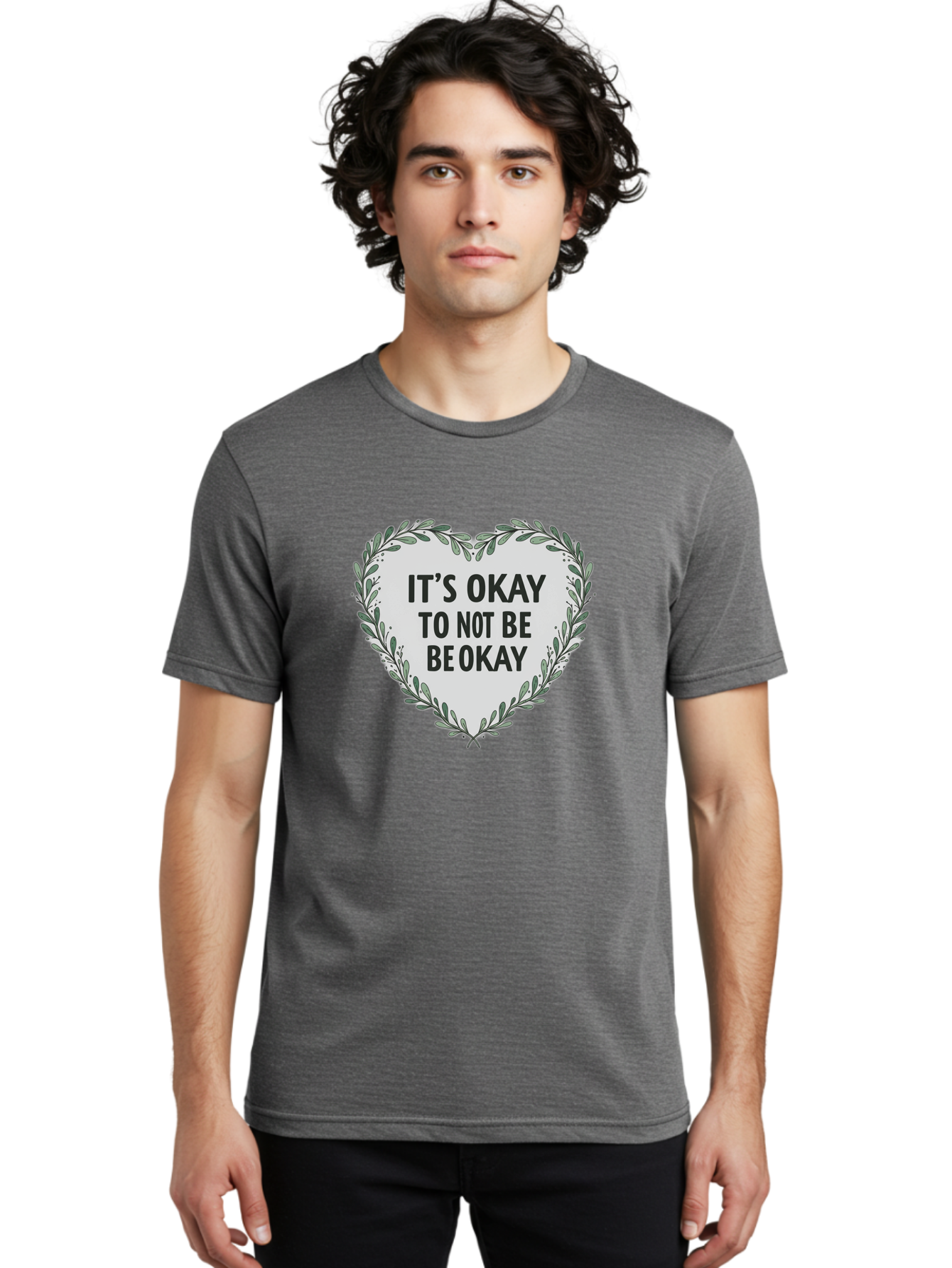 It-S-Okay-To-Not-Be-Okay-2 Men'S Graphic Tee, 100% Cotton, Comfortable Casual Summer Wear, Machine Washable, Mental Health Awareness, Inspirational Quotes, Heart Shape, Floral Wreath, Motivational Messages, Self Care, Emotional Support, Bae051