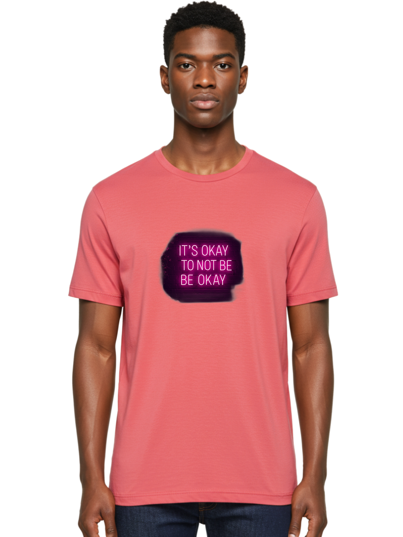 It-S-Okay-To-Not-Be-Okay-3 Men'S Graphic Tee, 100% Cotton, Comfortable Casual Summer Wear, Machine Washable, Mental Health Awareness, Self Care, Emotional Support, Neon Sign, Pink Text, Inspirational Quote, Motivational Message Bae052