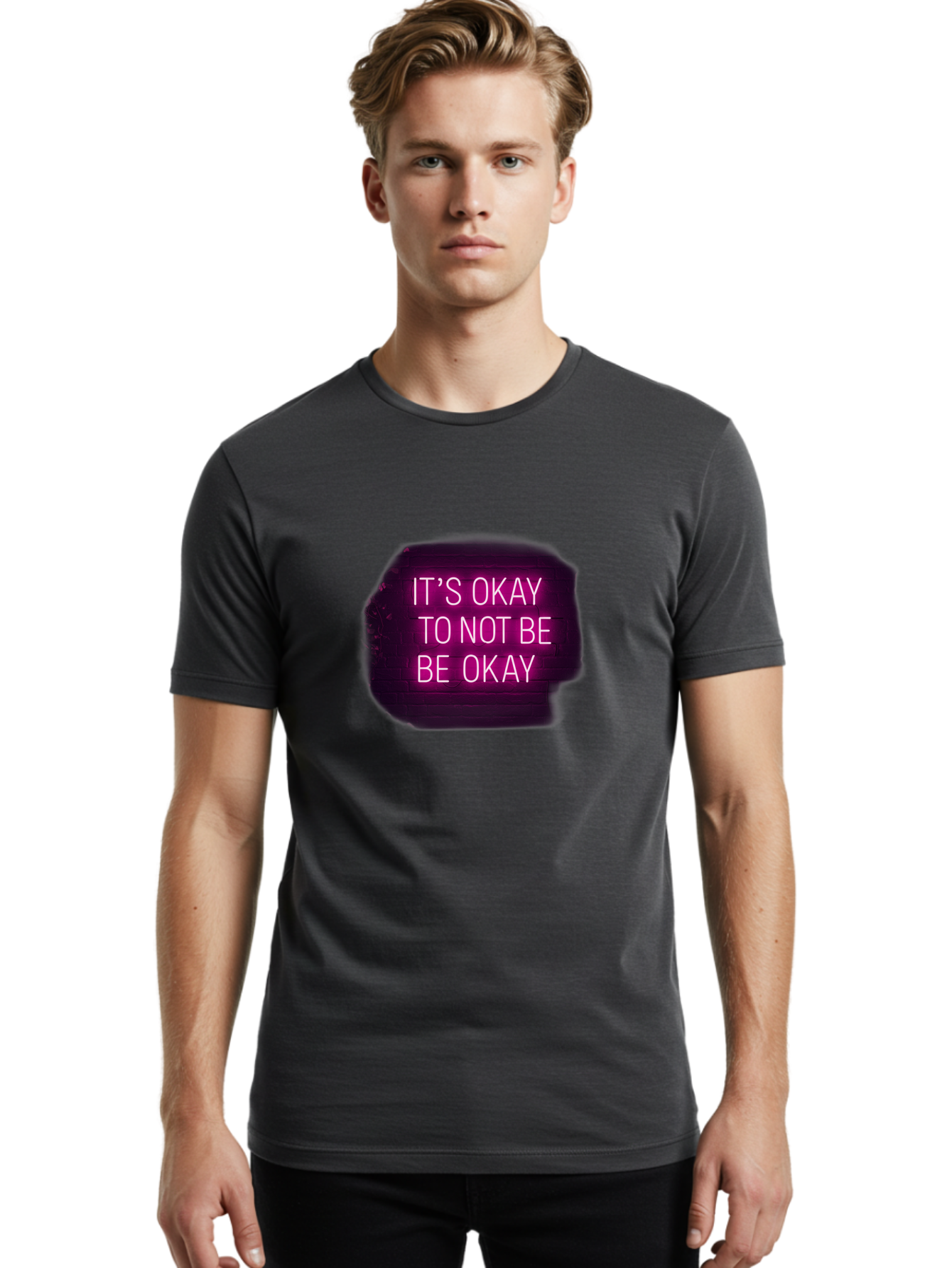 It-S-Okay-To-Not-Be-Okay-3 Men'S Graphic Tee, 100% Cotton, Comfortable Casual Summer Wear, Machine Washable, Mental Health Awareness, Self Care, Emotional Support, Neon Sign, Pink Text, Inspirational Quote, Motivational Message Bae052