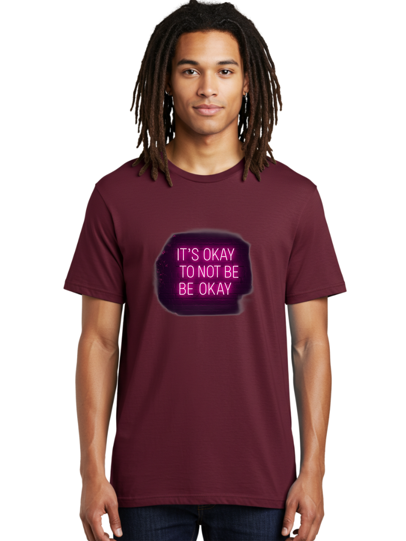 It-S-Okay-To-Not-Be-Okay-3 Men'S Graphic Tee, 100% Cotton, Comfortable Casual Summer Wear, Machine Washable, Mental Health Awareness, Self Care, Emotional Support, Neon Sign, Pink Text, Inspirational Quote, Motivational Message Bae052