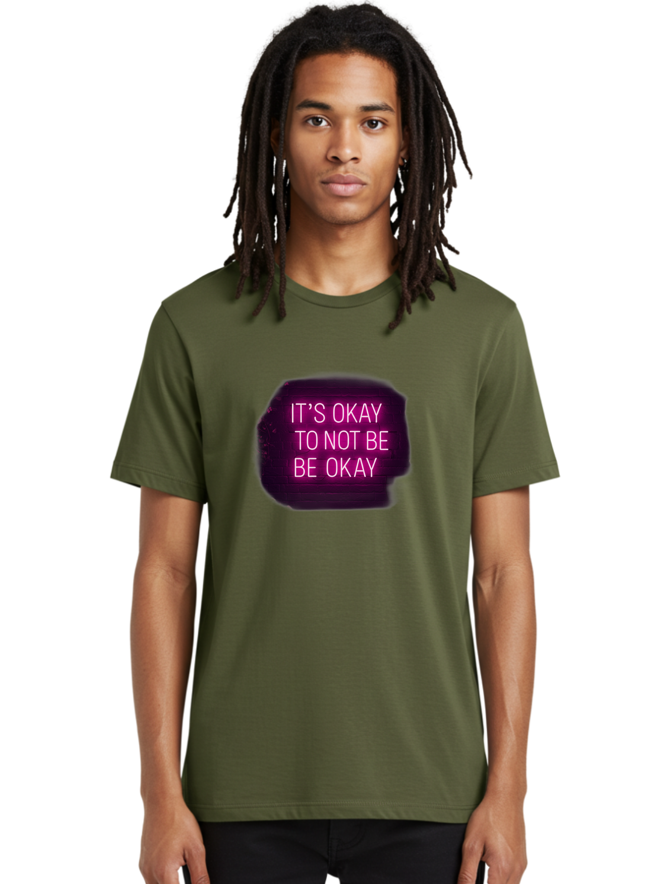 It-S-Okay-To-Not-Be-Okay-3 Men'S Graphic Tee, 100% Cotton, Comfortable Casual Summer Wear, Machine Washable, Mental Health Awareness, Self Care, Emotional Support, Neon Sign, Pink Text, Inspirational Quote, Motivational Message Bae052
