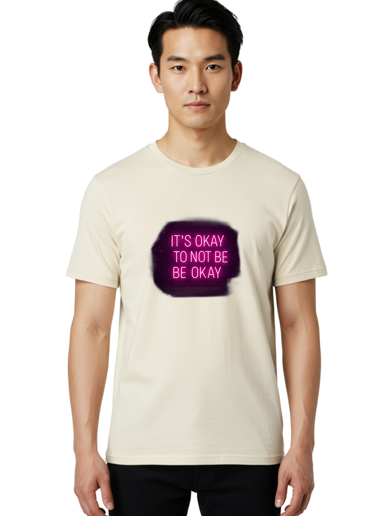 It-S-Okay-To-Not-Be-Okay-3 Men'S Graphic Tee, 100% Cotton, Comfortable Casual Summer Wear, Machine Washable, Mental Health Awareness, Self Care, Emotional Support, Neon Sign, Pink Text, Inspirational Quote, Motivational Message Bae052