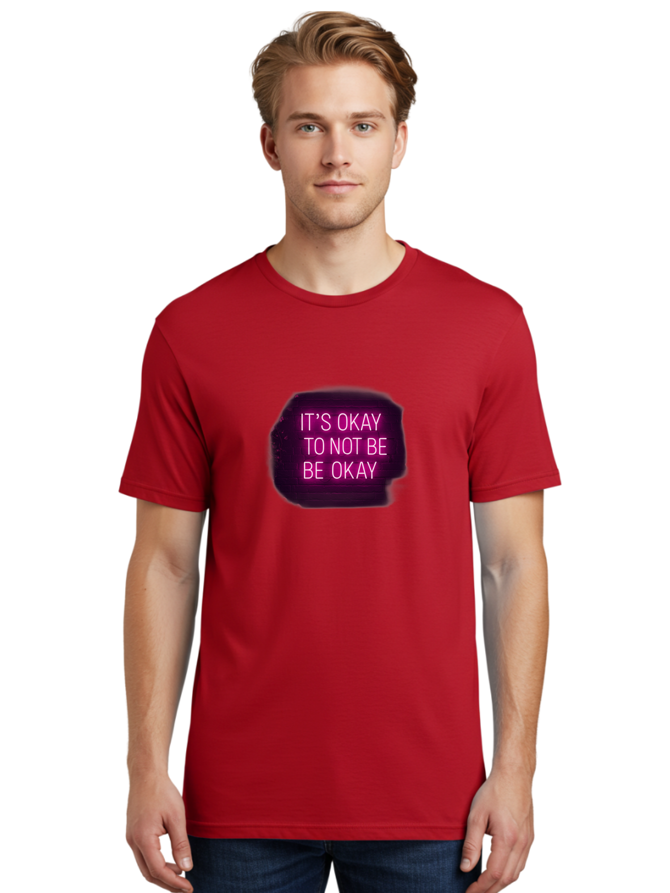 It-S-Okay-To-Not-Be-Okay-3 Men'S Graphic Tee, 100% Cotton, Comfortable Casual Summer Wear, Machine Washable, Mental Health Awareness, Self Care, Emotional Support, Neon Sign, Pink Text, Inspirational Quote, Motivational Message Bae052