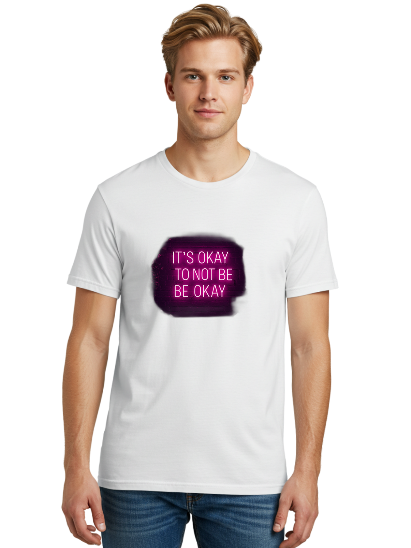 It-S-Okay-To-Not-Be-Okay-3 Men'S Graphic Tee, 100% Cotton, Comfortable Casual Summer Wear, Machine Washable, Mental Health Awareness, Self Care, Emotional Support, Neon Sign, Pink Text, Inspirational Quote, Motivational Message Bae052