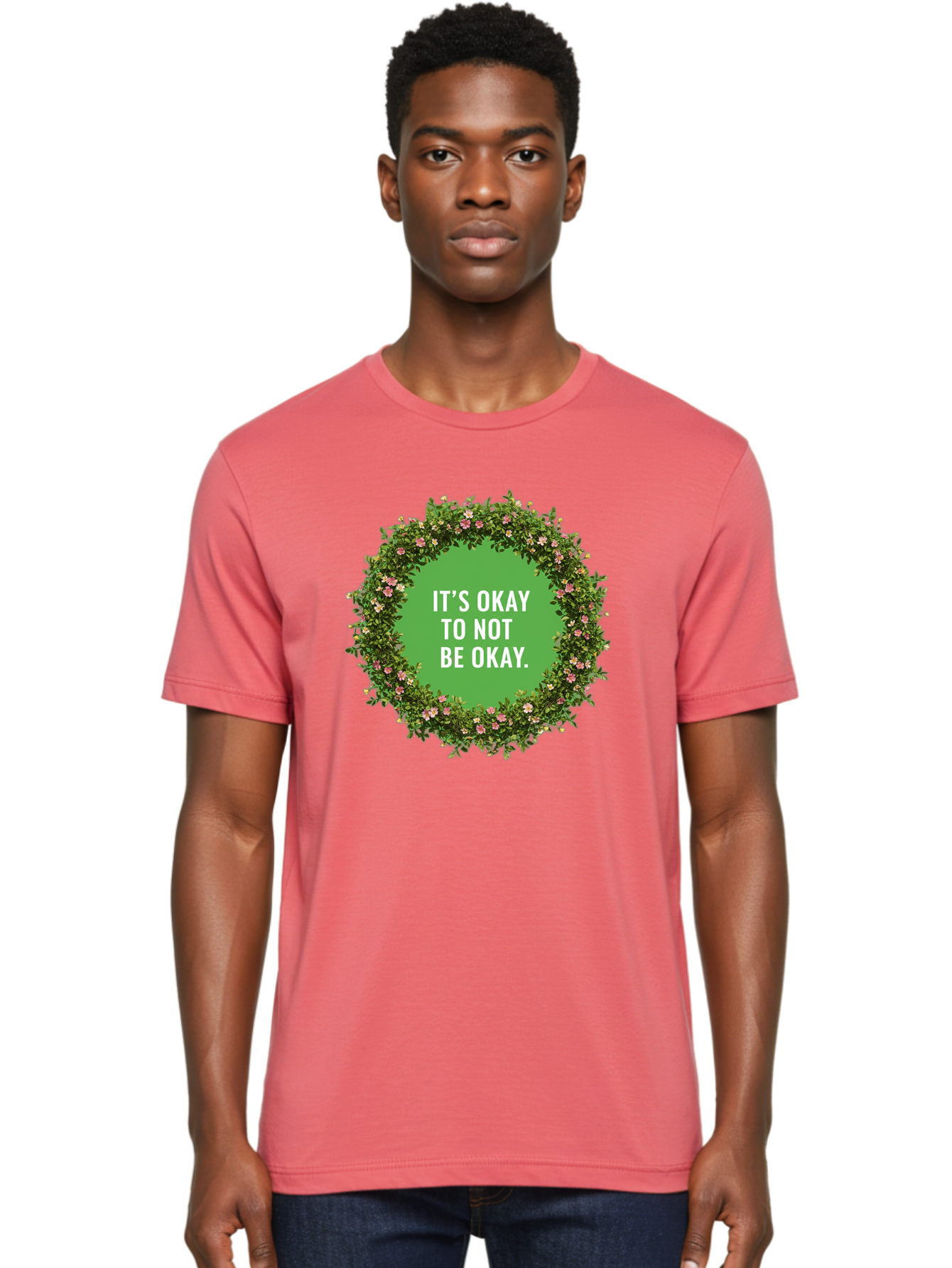 It-S-Okay-To-Not-Be-Okay-4 Men'S Graphic Tee, 100% Cotton, Comfortable Casual Summer Wear, Machine Washable, Mental Health Awareness, Positive Affirmation, Self Care, Emotional Support, Floral Wreath, Motivational Quote, Wellness, Self Love, Bae053
