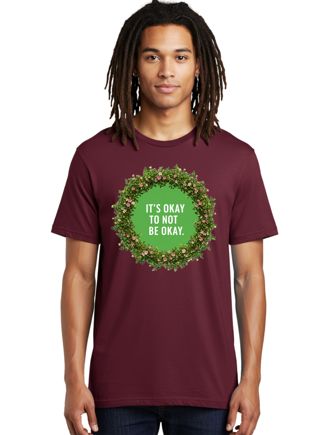 It-S-Okay-To-Not-Be-Okay-4 Men'S Graphic Tee, 100% Cotton, Comfortable Casual Summer Wear, Machine Washable, Mental Health Awareness, Positive Affirmation, Self Care, Emotional Support, Floral Wreath, Motivational Quote, Wellness, Self Love, Bae053