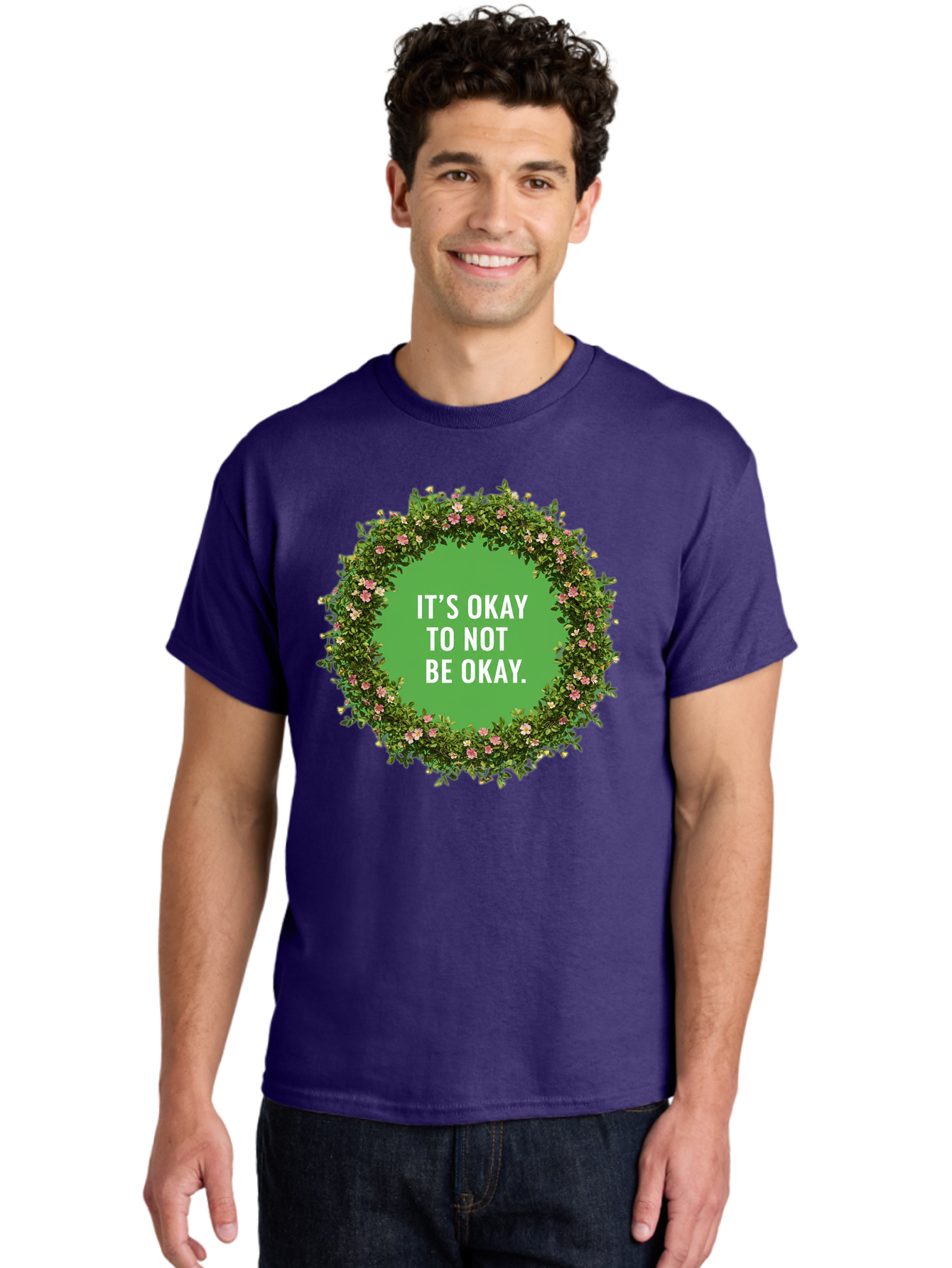It-S-Okay-To-Not-Be-Okay-4 Men'S Graphic Tee, 100% Cotton, Comfortable Casual Summer Wear, Machine Washable, Mental Health Awareness, Positive Affirmation, Self Care, Emotional Support, Floral Wreath, Motivational Quote, Wellness, Self Love, Bae053