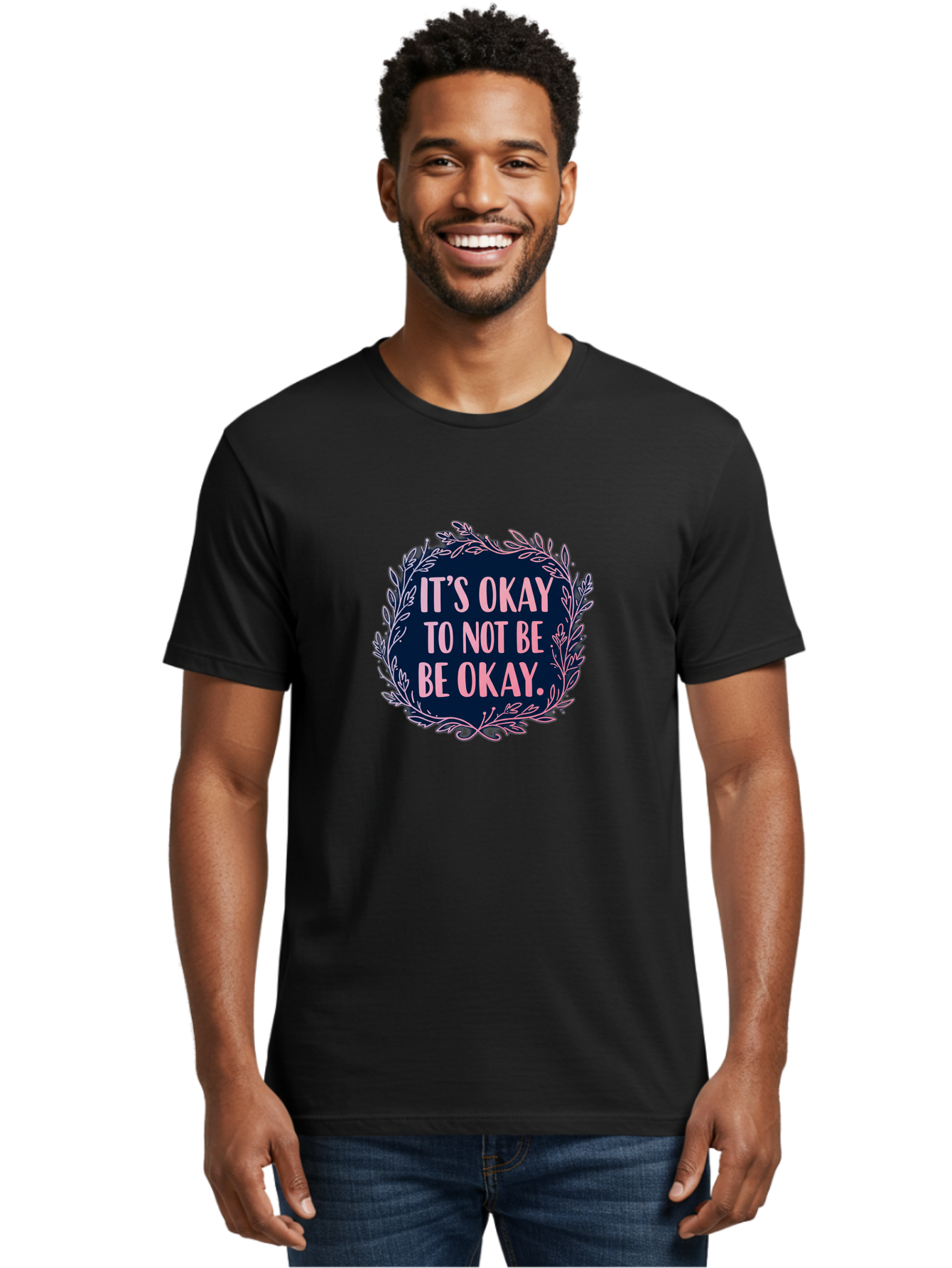 It-S-Okay-To-Not-Be-Okay Men'S Graphic Tee, 100% Cotton, Comfortable Casual Summer Wear, Machine Washable, Mental Health Awareness, Motivational Quote, Self Care, Positive Affirmation, Emotional Wellness, Inspirational Message, Pink Font, Bae055