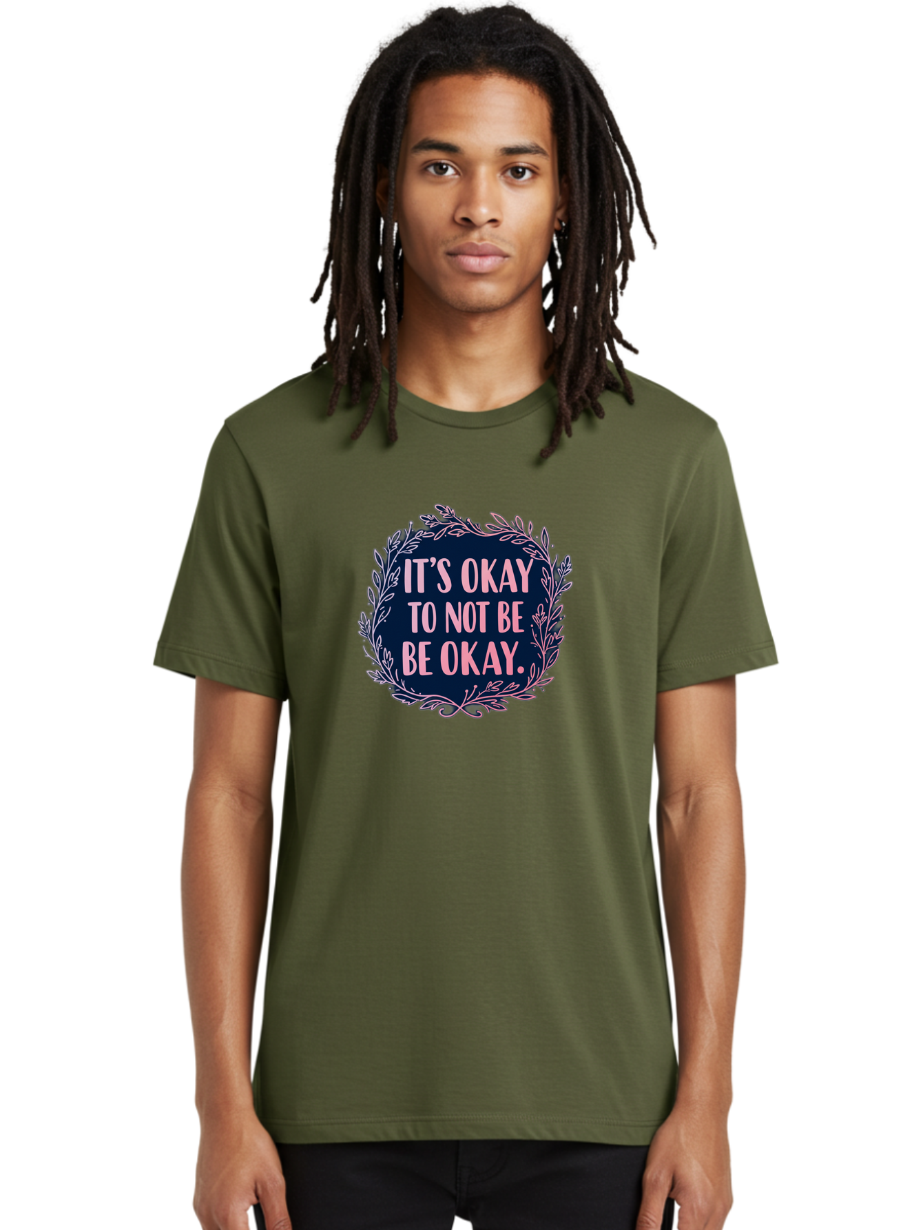 It-S-Okay-To-Not-Be-Okay Men'S Graphic Tee, 100% Cotton, Comfortable Casual Summer Wear, Machine Washable, Mental Health Awareness, Motivational Quote, Self Care, Positive Affirmation, Emotional Wellness, Inspirational Message, Pink Font, Bae055
