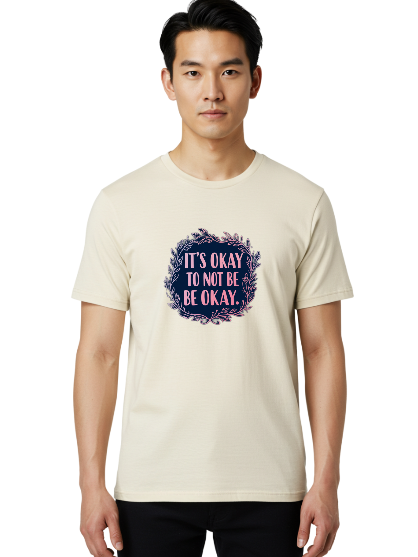 It-S-Okay-To-Not-Be-Okay Men'S Graphic Tee, 100% Cotton, Comfortable Casual Summer Wear, Machine Washable, Mental Health Awareness, Motivational Quote, Self Care, Positive Affirmation, Emotional Wellness, Inspirational Message, Pink Font, Bae055