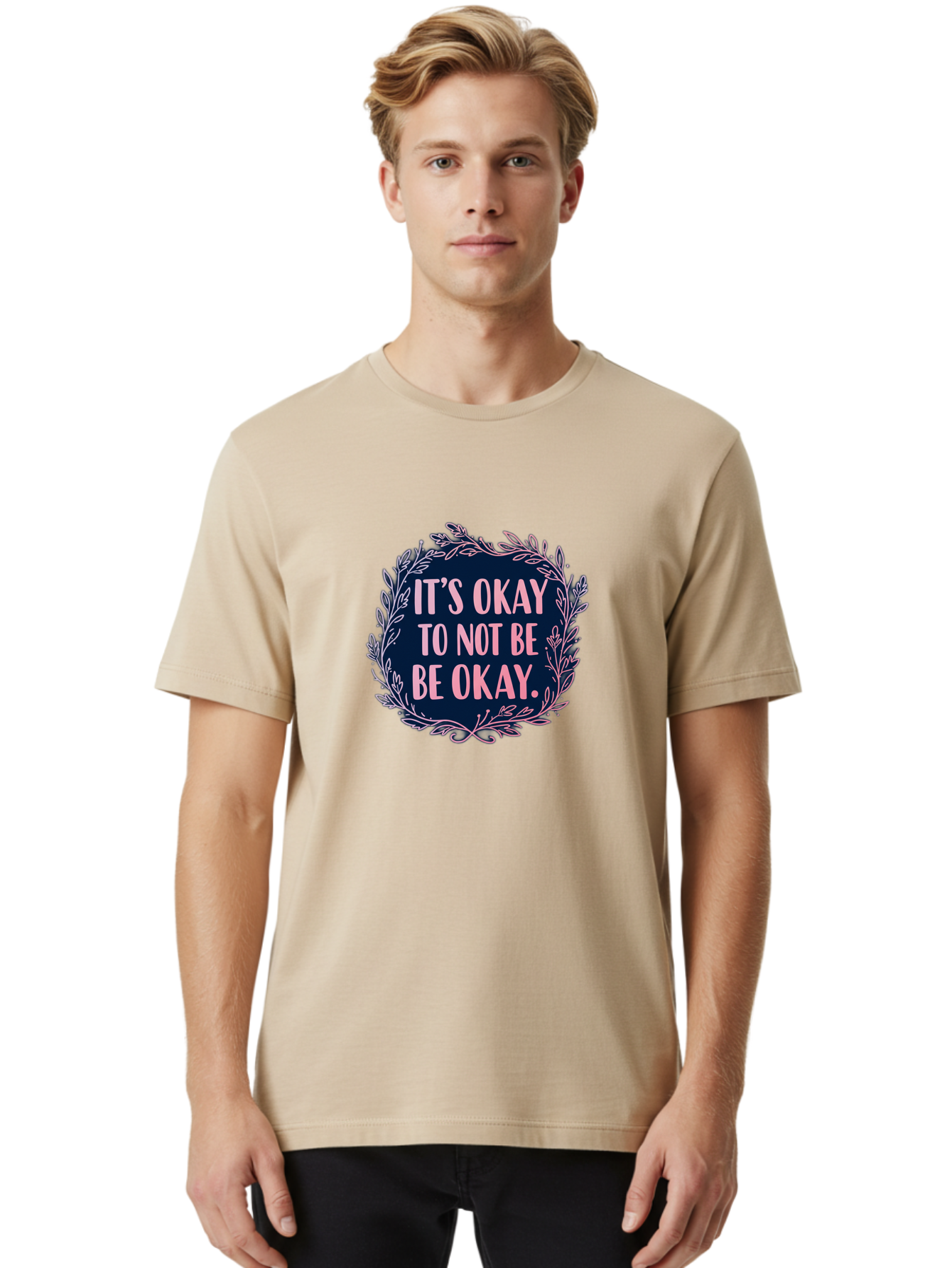 It-S-Okay-To-Not-Be-Okay Men'S Graphic Tee, 100% Cotton, Comfortable Casual Summer Wear, Machine Washable, Mental Health Awareness, Motivational Quote, Self Care, Positive Affirmation, Emotional Wellness, Inspirational Message, Pink Font, Bae055