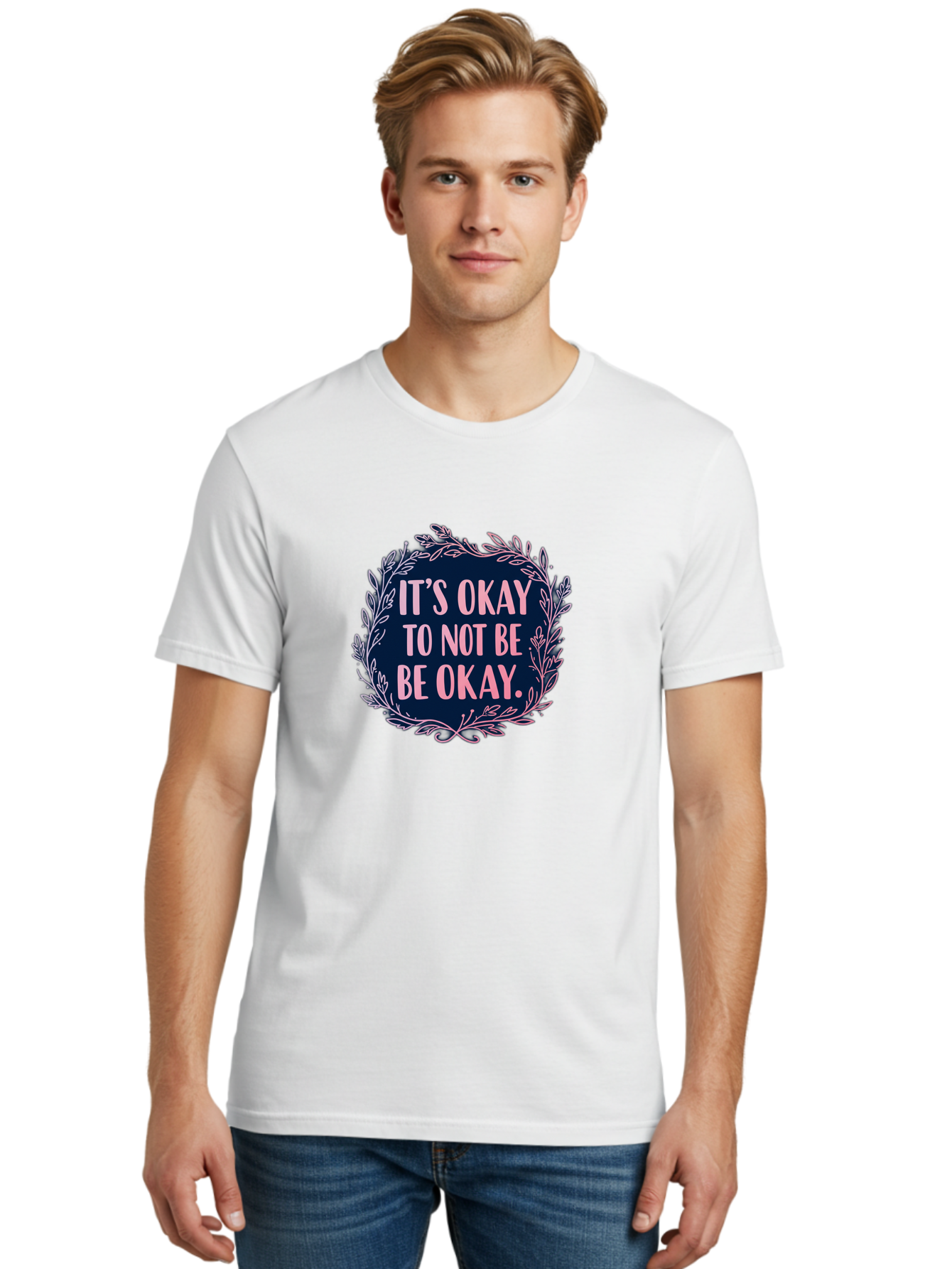 It-S-Okay-To-Not-Be-Okay Men'S Graphic Tee, 100% Cotton, Comfortable Casual Summer Wear, Machine Washable, Mental Health Awareness, Motivational Quote, Self Care, Positive Affirmation, Emotional Wellness, Inspirational Message, Pink Font, Bae055