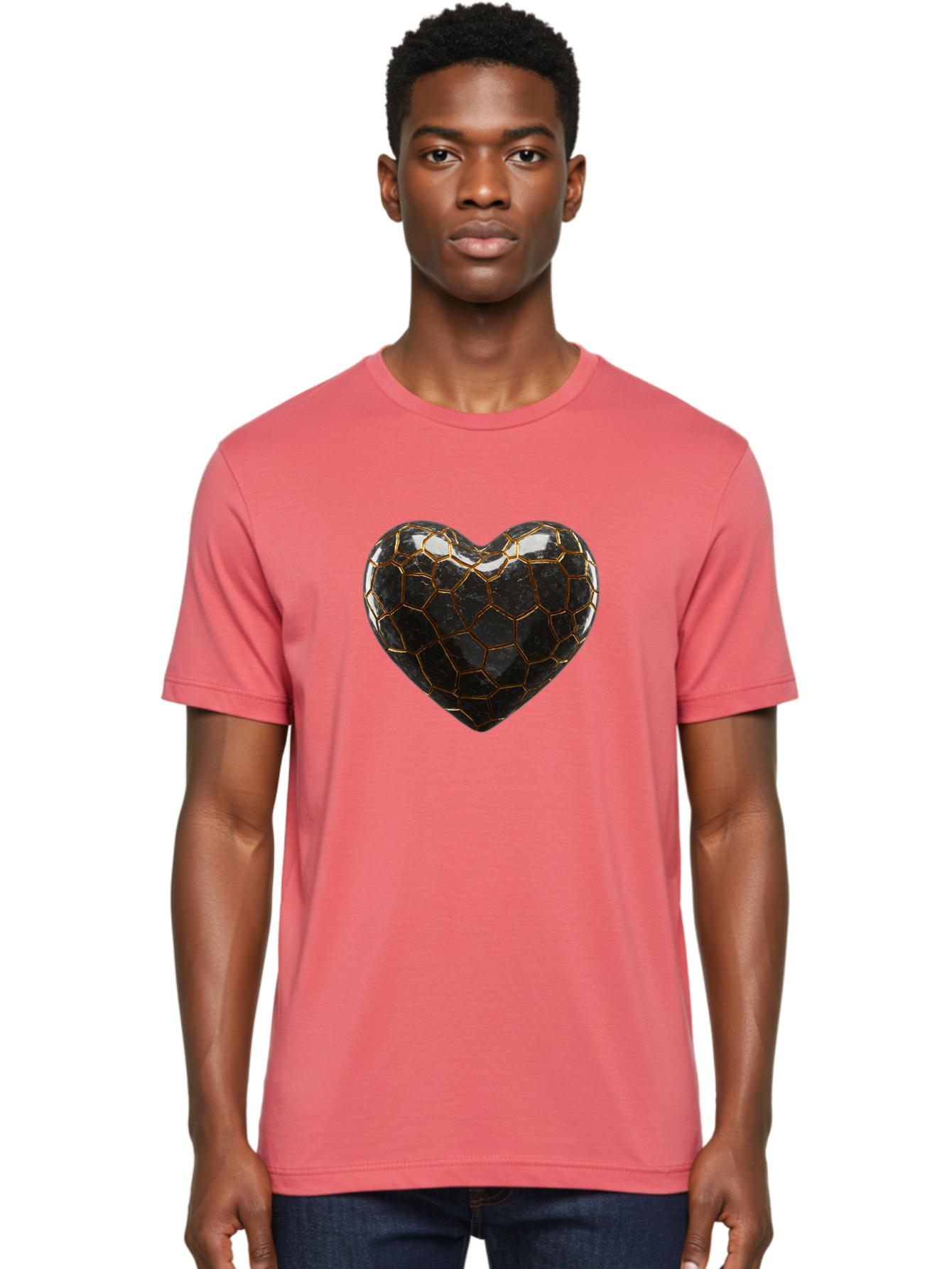 Kintsugi-Heart-1 Men'S Graphic Tee, 100% Cotton, Comfortable Casual Summer Wear, Machine Washable, Kintsugi Art, Heart Shape, Black Pottery, Gold Cracks, Broken Heart, Japanese Craftsmanship, Wabi-Sabi Aesthetic, Ceramics, Repair, Restoration, Bae056