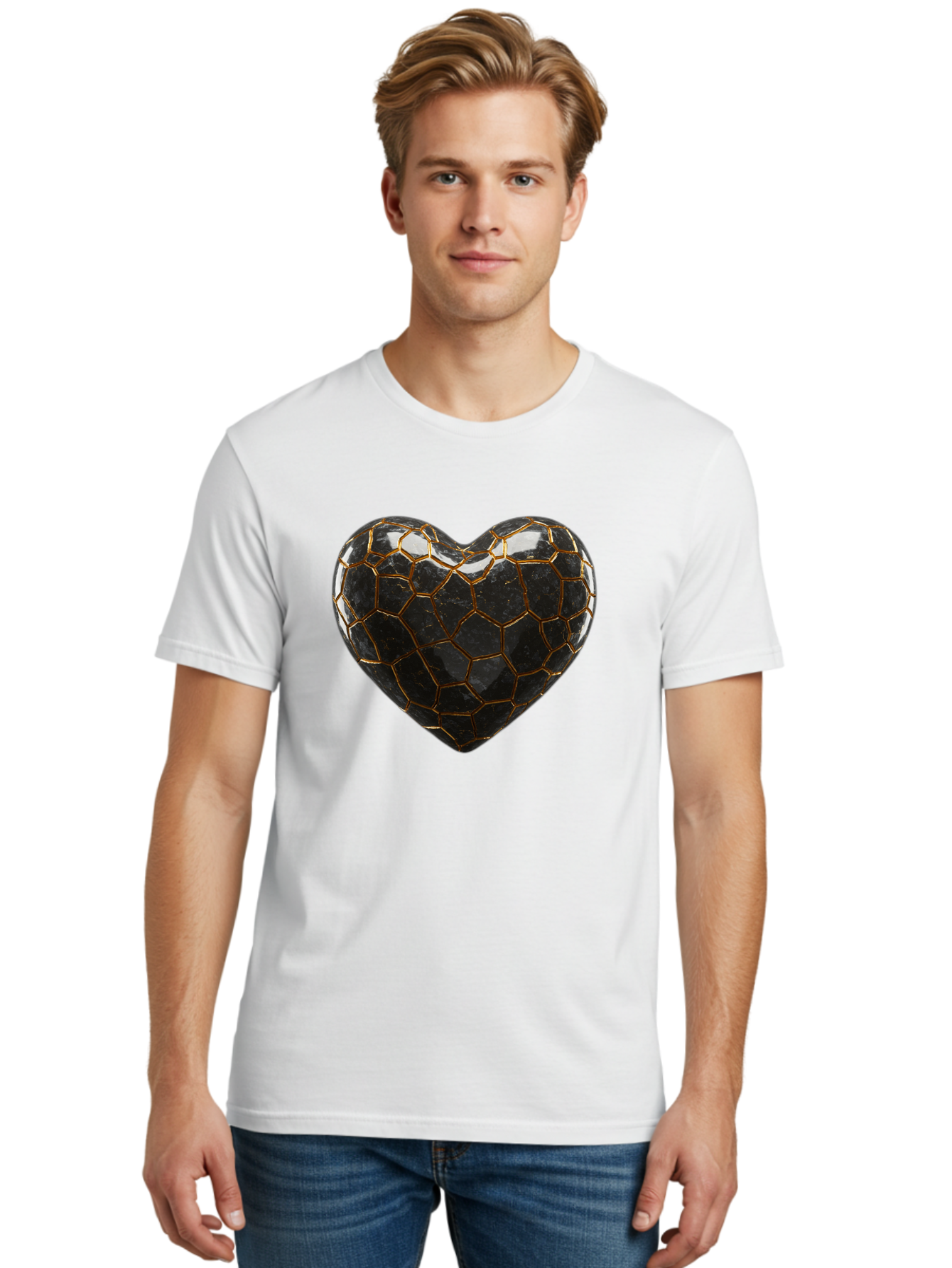 Kintsugi-Heart-1 Men'S Graphic Tee, 100% Cotton, Comfortable Casual Summer Wear, Machine Washable, Kintsugi Art, Heart Shape, Black Pottery, Gold Cracks, Broken Heart, Japanese Craftsmanship, Wabi-Sabi Aesthetic, Ceramics, Repair, Restoration, Bae056