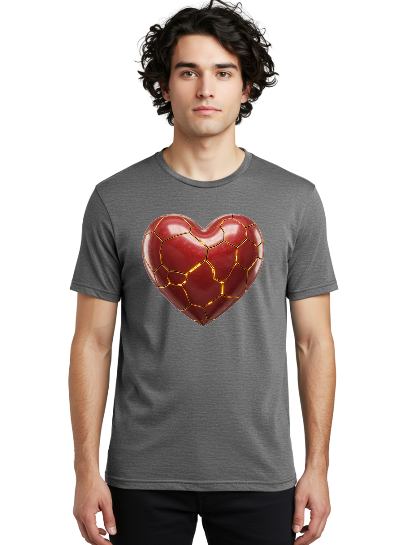 Kintsugi-Heart-2 Men'S Graphic Tee, 100% Cotton, Comfortable Casual Summer Wear, Machine Washable, Kintsugi Heart, Broken Heart, Golden Repair, Red Heart, Japanese Art, Emotional Healing, Symbolic Art, Unique Design, Heart Shape Bae057