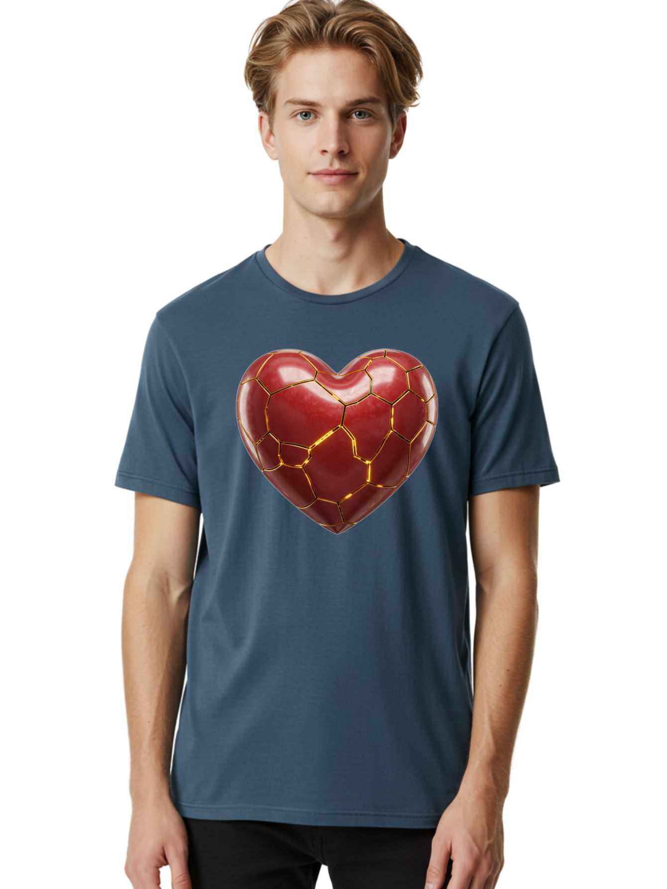Kintsugi-Heart-2 Men'S Graphic Tee, 100% Cotton, Comfortable Casual Summer Wear, Machine Washable, Kintsugi Heart, Broken Heart, Golden Repair, Red Heart, Japanese Art, Emotional Healing, Symbolic Art, Unique Design, Heart Shape Bae057