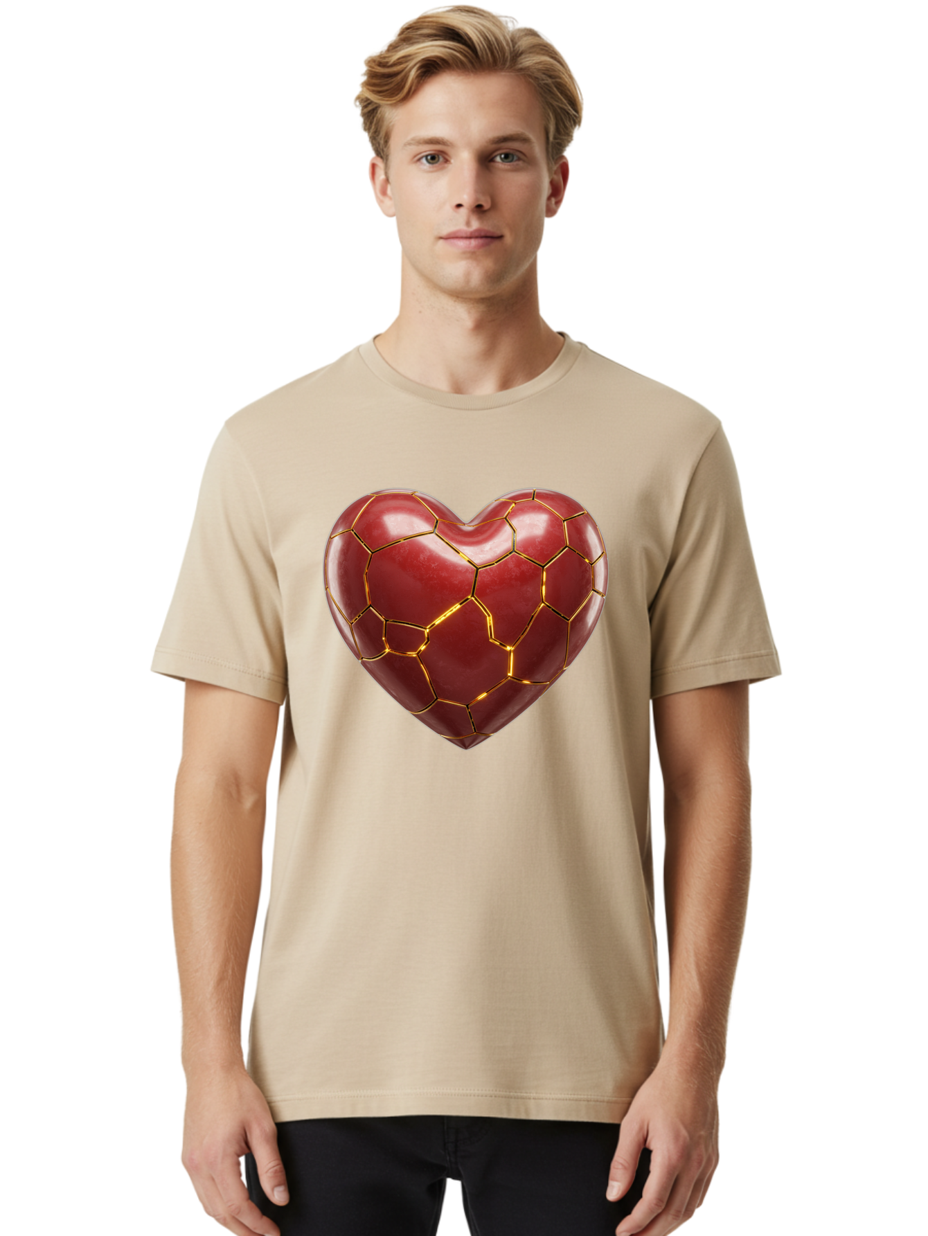 Kintsugi-Heart-2 Men'S Graphic Tee, 100% Cotton, Comfortable Casual Summer Wear, Machine Washable, Kintsugi Heart, Broken Heart, Golden Repair, Red Heart, Japanese Art, Emotional Healing, Symbolic Art, Unique Design, Heart Shape Bae057