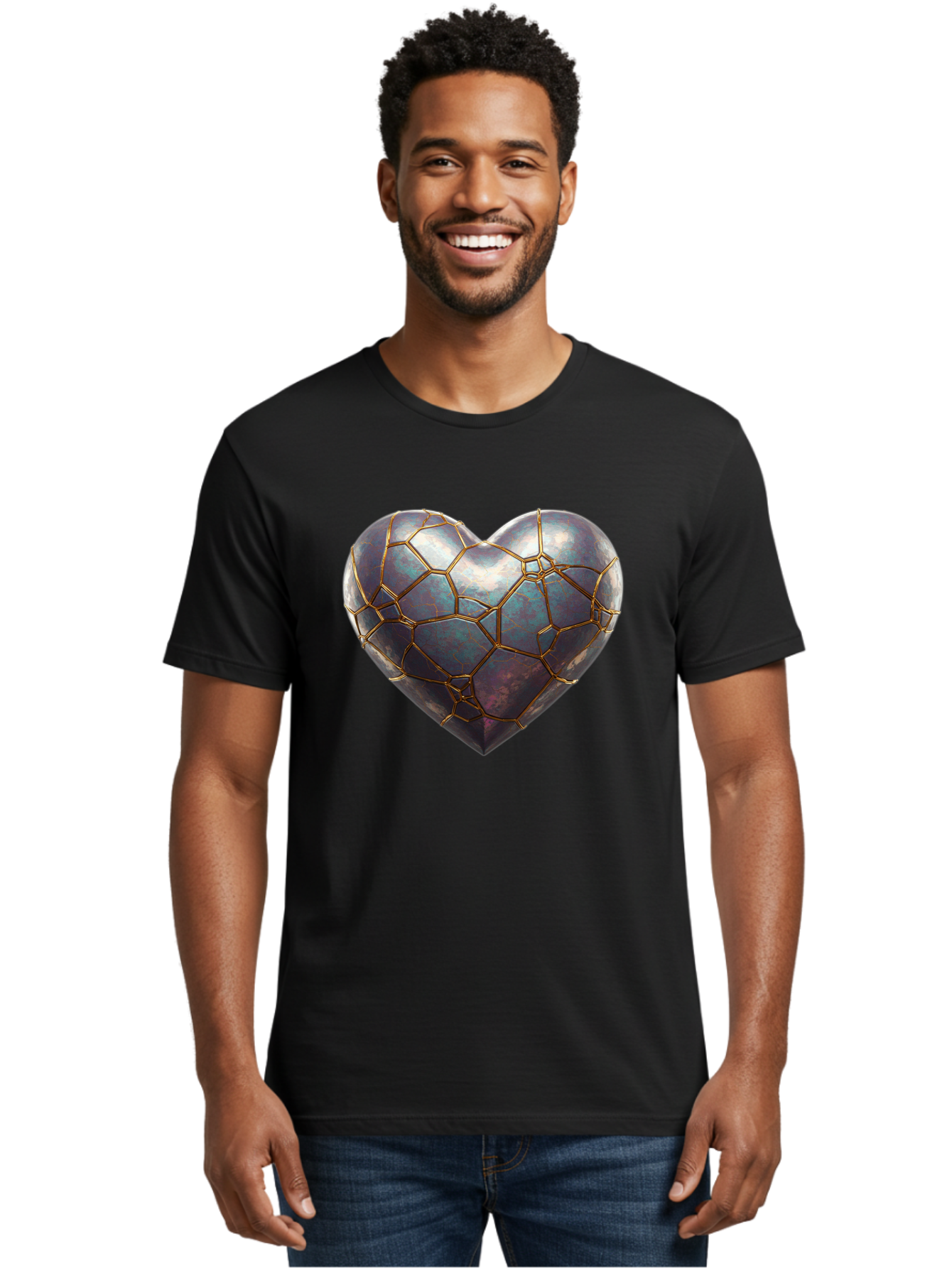 Kintsugi-Heart-3 Men'S Graphic Tee, 100% Cotton, Comfortable Casual Summer Wear, Machine Washable, Kintsugi Art, Broken Heart, Repaired Love, Metallic Heart, Golden Cracks, Fragile Beauty, Symbolic Art, Emotional Healing, Unique Design, Bae058