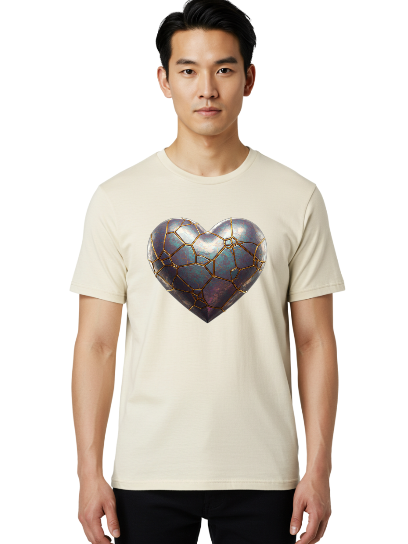 Kintsugi-Heart-3 Men'S Graphic Tee, 100% Cotton, Comfortable Casual Summer Wear, Machine Washable, Kintsugi Art, Broken Heart, Repaired Love, Metallic Heart, Golden Cracks, Fragile Beauty, Symbolic Art, Emotional Healing, Unique Design, Bae058