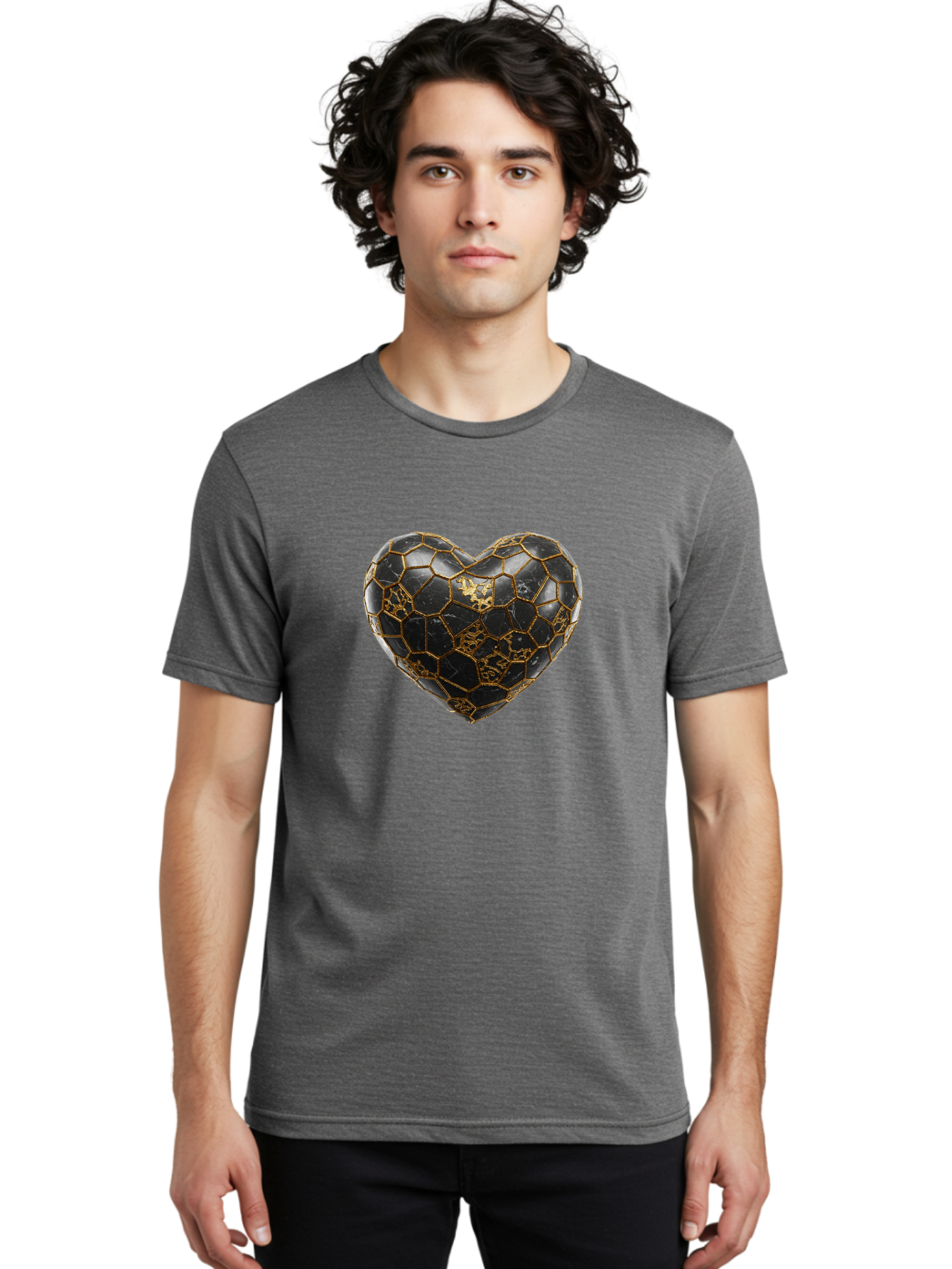 Kintsugi-Heart-4 Men'S Graphic Tee, 100% Cotton, Comfortable Casual Summer Wear, Machine Washable, Kintsugi Heart, Broken Heart, Golden Repair, Black Ceramic, Mended Love, Imperfect Beauty, Artisanal Craftsmanship, Unique Design, Bae059