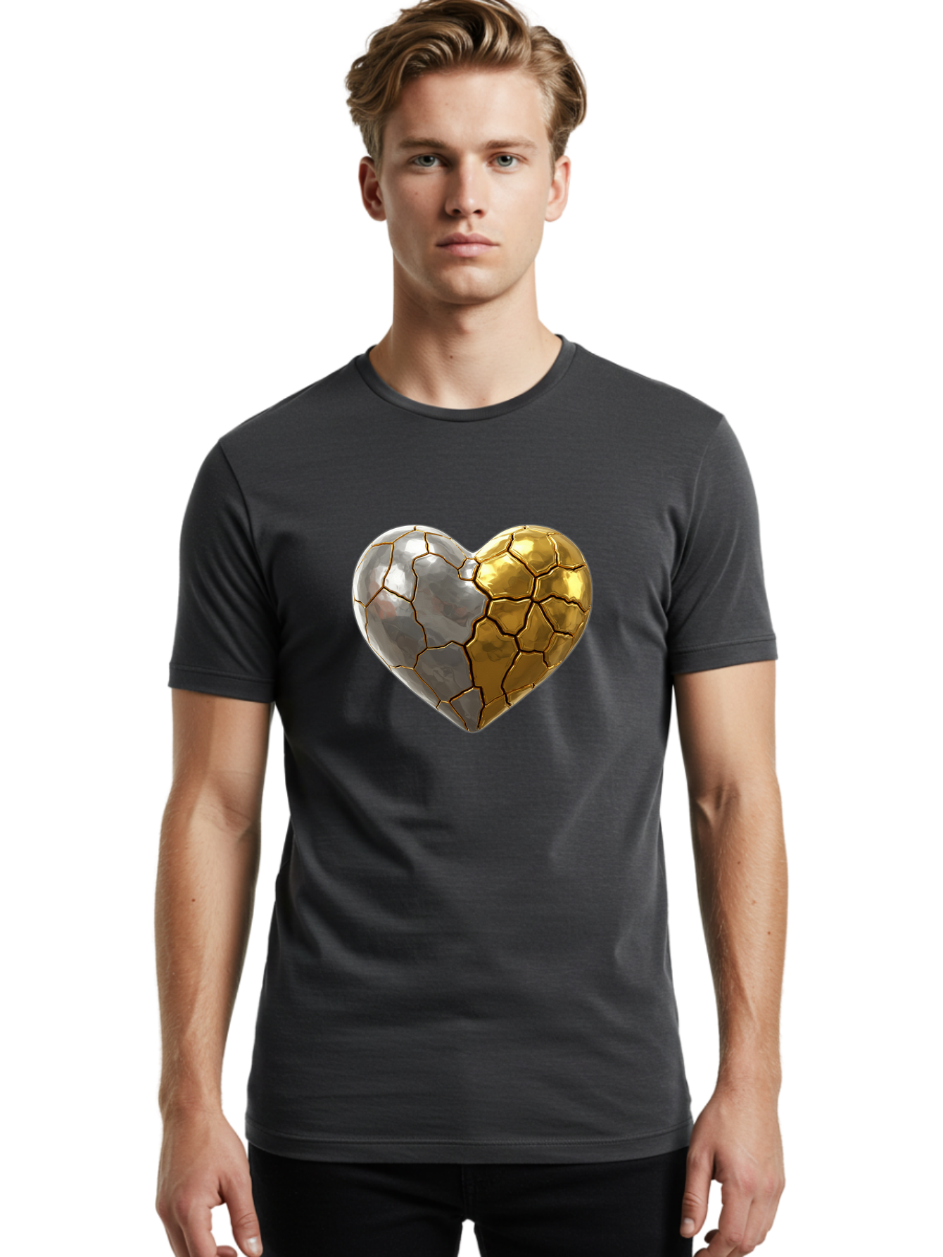 Kintsugi-Heart-5 Men'S Graphic Tee, 100% Cotton, Comfortable Casual Summer Wear, Machine Washable, Heart Shape, Metal Surface, Cracked Texture, Silver And Gold Elements, Kintsugi Effect, Love Symbol, Metallic Design, Broken Heart, Bae060