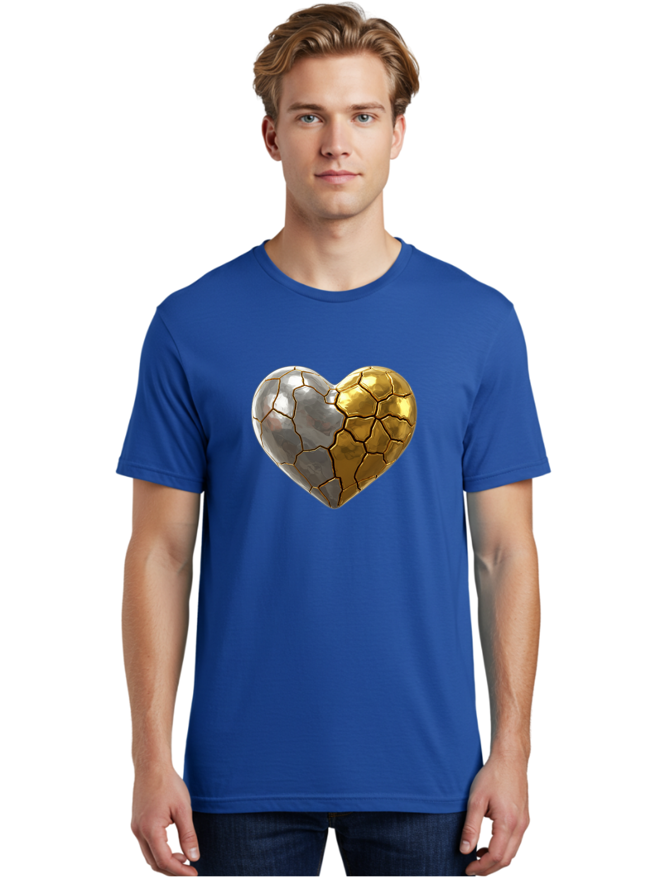 Kintsugi-Heart-5 Men'S Graphic Tee, 100% Cotton, Comfortable Casual Summer Wear, Machine Washable, Heart Shape, Metal Surface, Cracked Texture, Silver And Gold Elements, Kintsugi Effect, Love Symbol, Metallic Design, Broken Heart, Bae060