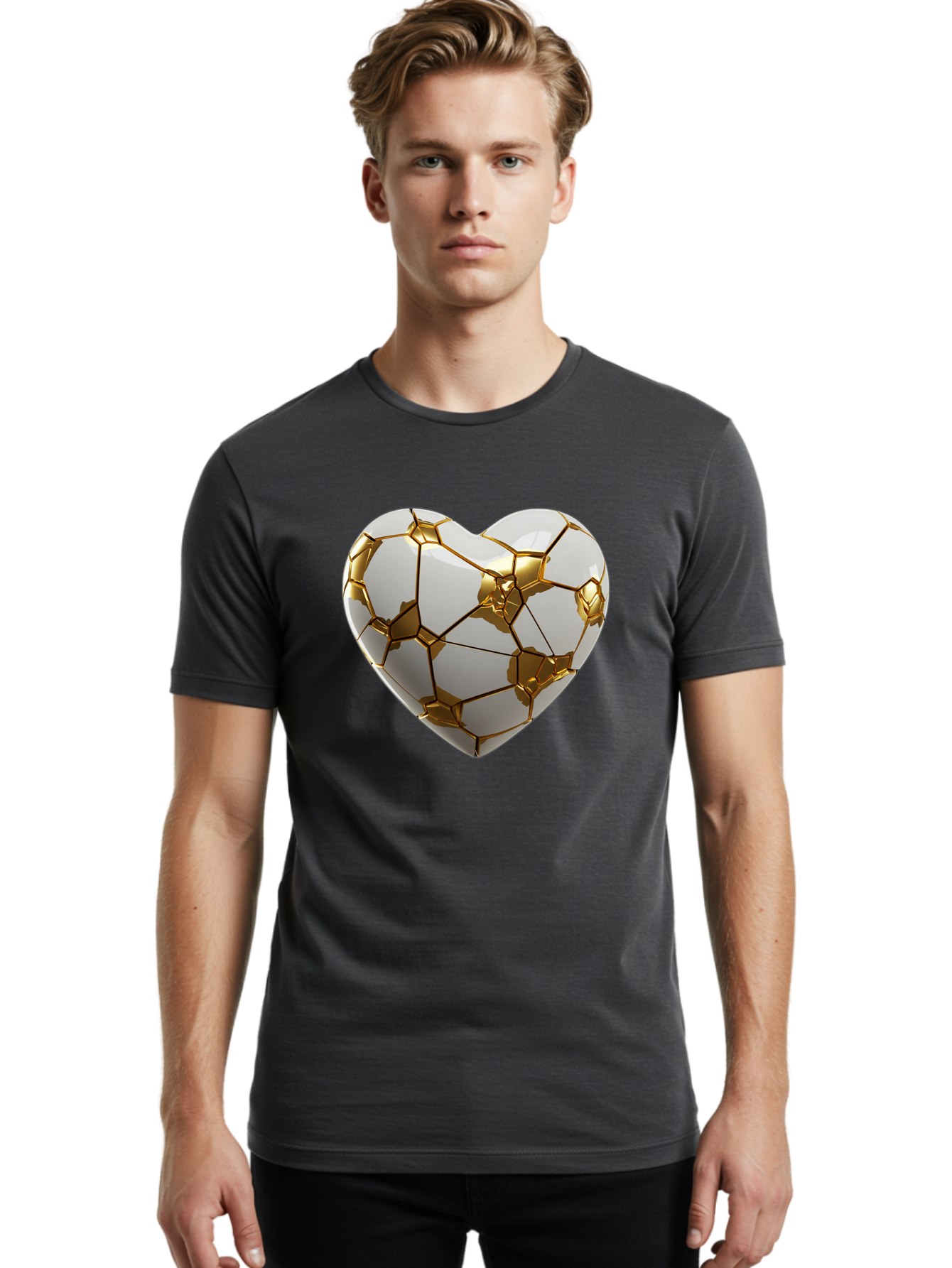 Kintsugi-Heart-6 Men'S Graphic Tee, 100% Cotton, Comfortable Casual Summer Wear, Machine Washable, Kintsugi Heart, Broken Heart, Golden Repair, Pottery Art, Fragile Beauty, Broken And Mended, Wabi-Sabi, Repair Art Bae061